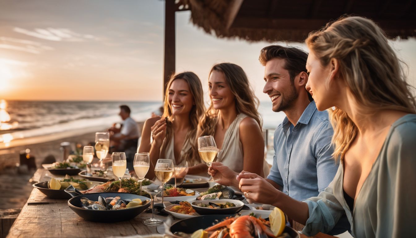 A diverse group of friends enjoying a seafood feast on a beachfront terrace at sunset.