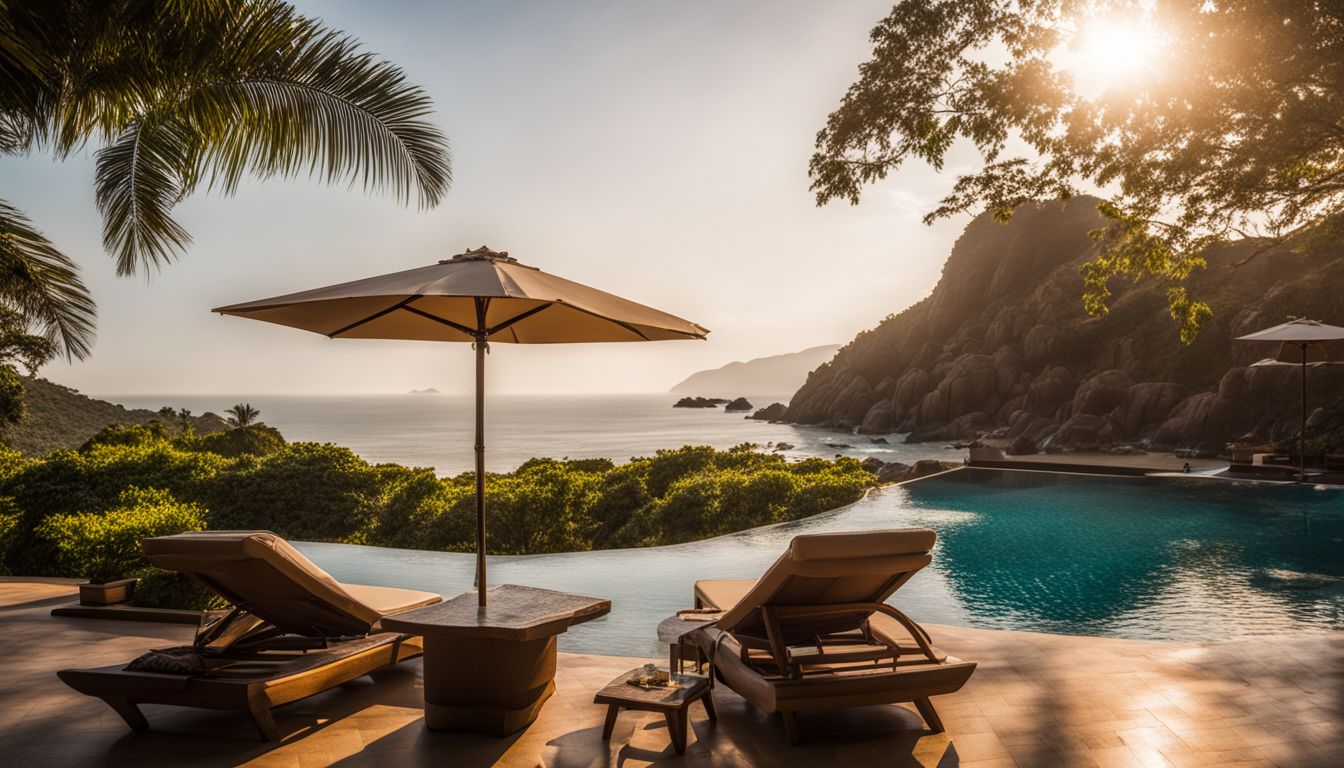 The image features a pool at the Avani Quy Nhon Resort with lounge chairs and an ocean view.