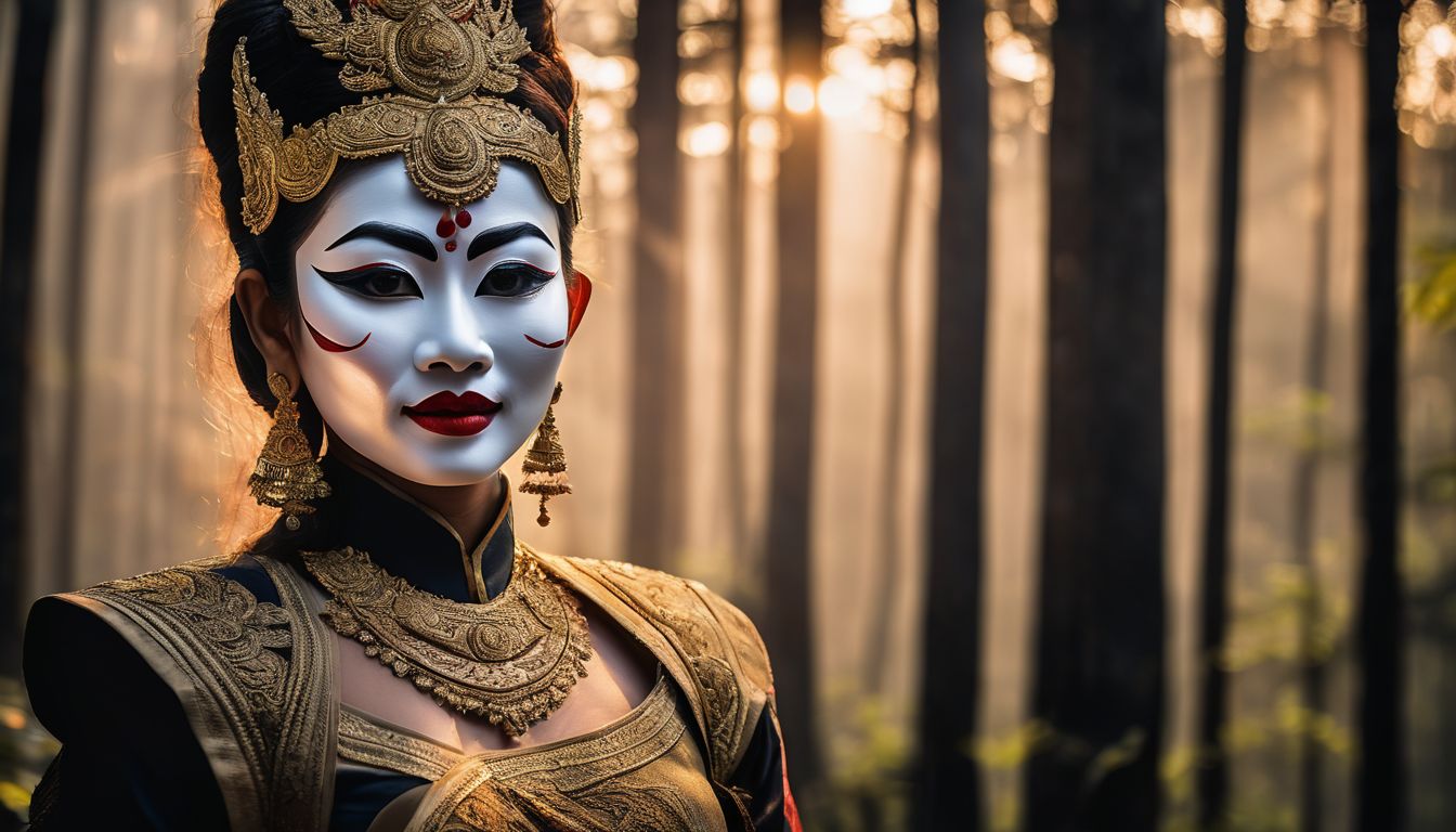 A woman wearing a traditional Thai ghost mask stands in the dark woods.