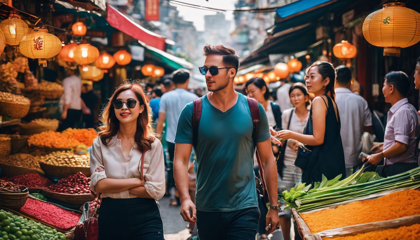 A group of tourists explore the vibrant markets of Ben Thanh, capturing the lively atmosphere and culture.
