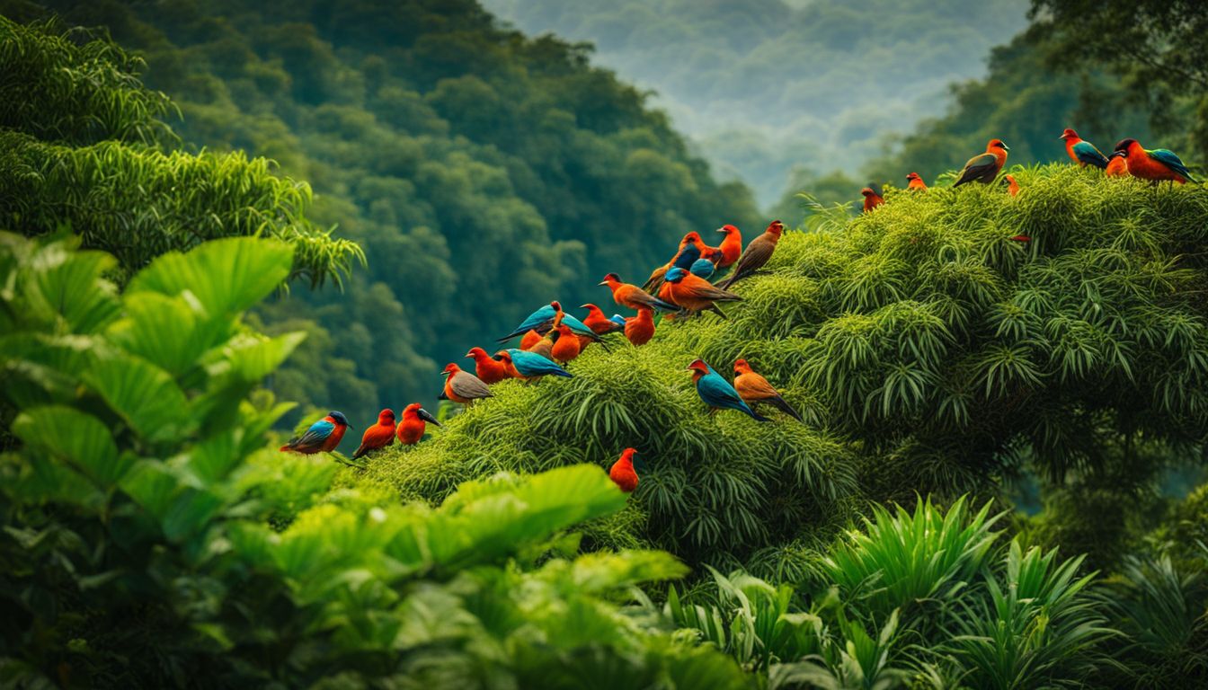 A vibrant flock of birds perch on branches amidst the lush forests of Vietnam in this stunning wildlife photograph.