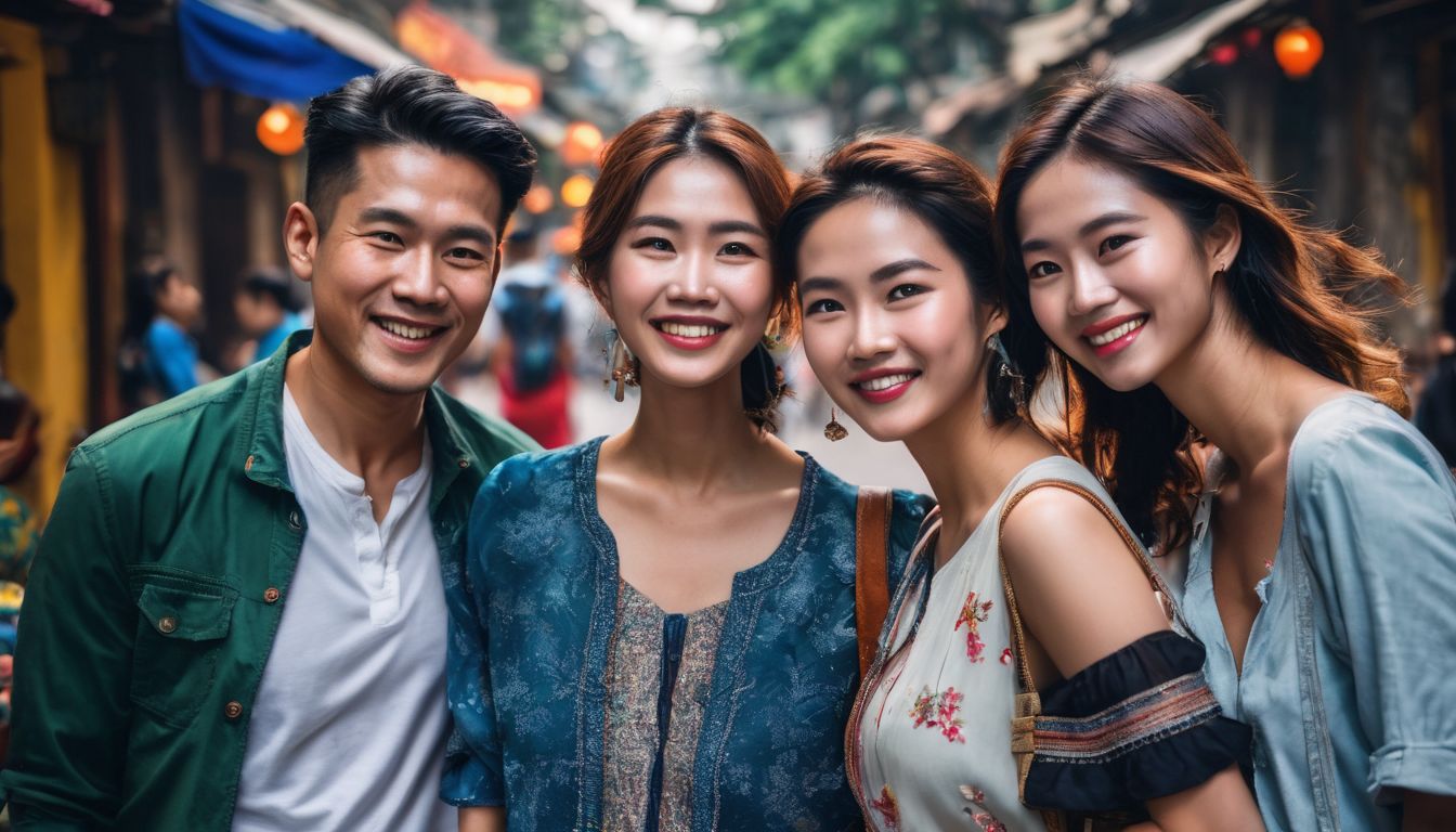 A diverse group of travelers happily exploring the streets of Hanoi.