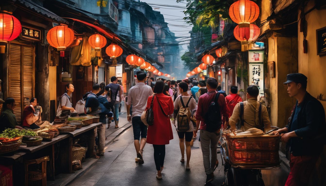 A diverse group of travelers explore the bustling streets of Hanoi in a photorealistic, high-definition photo.