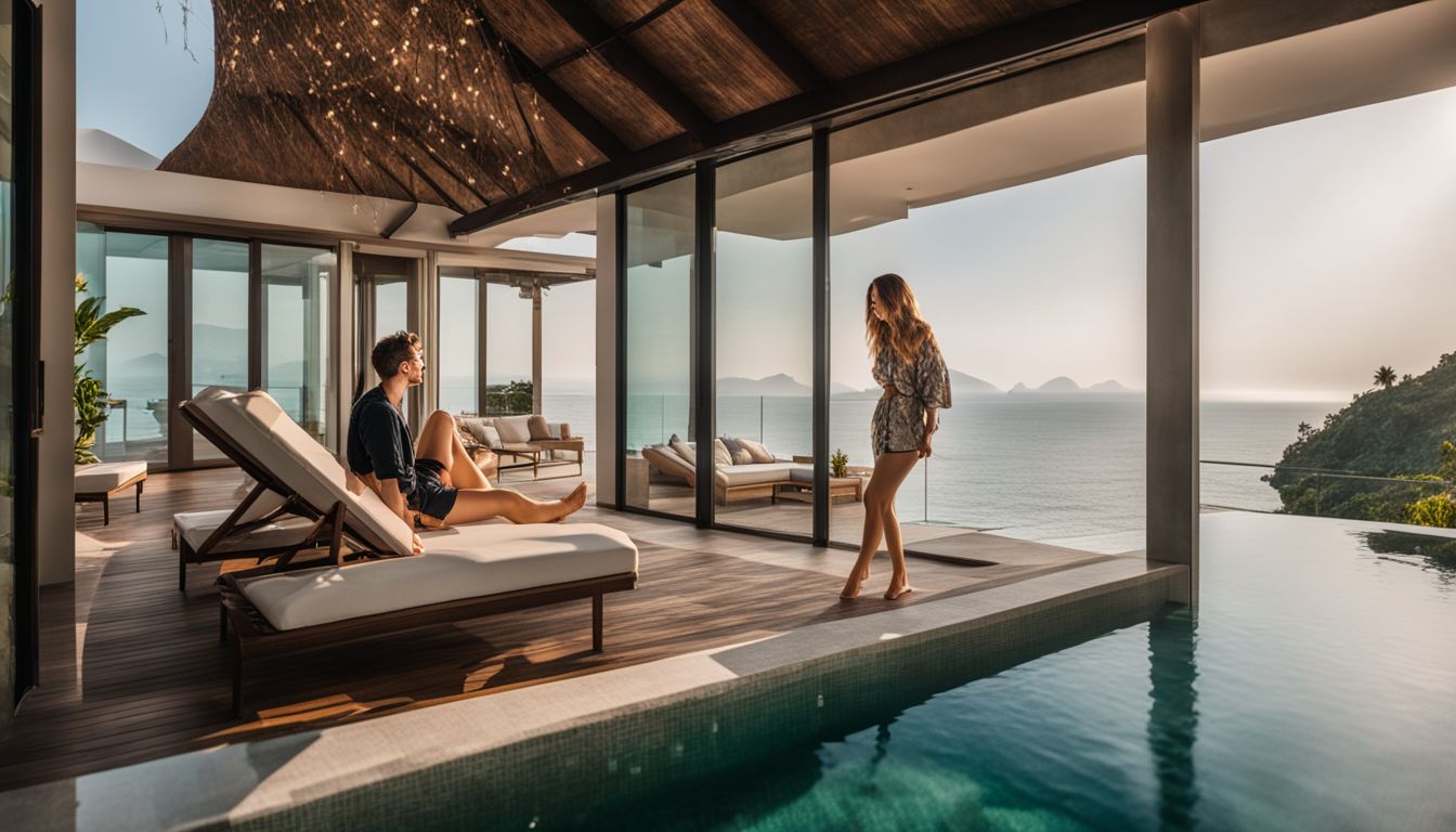 A couple enjoying a private infinity pool in a luxurious villa resort in Da Nang.