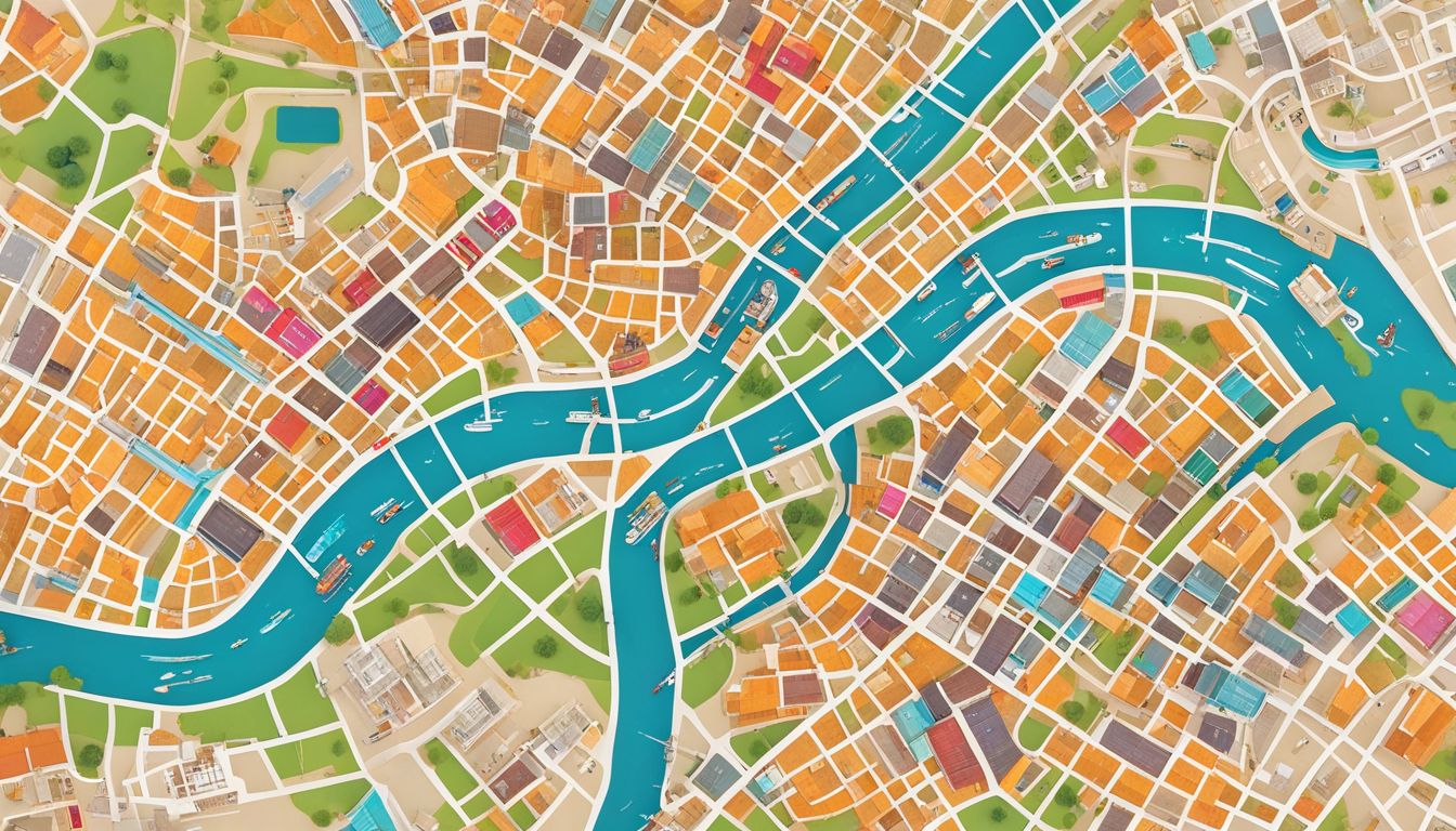 A top-down view of a colorful map of Bangkok with highlighted landmarks and attractions.