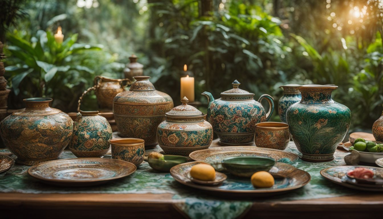 A table adorned with intricately designed Benjarong pottery, surrounded by lush greenery, showcasing diverse individuals and stylish outfits.