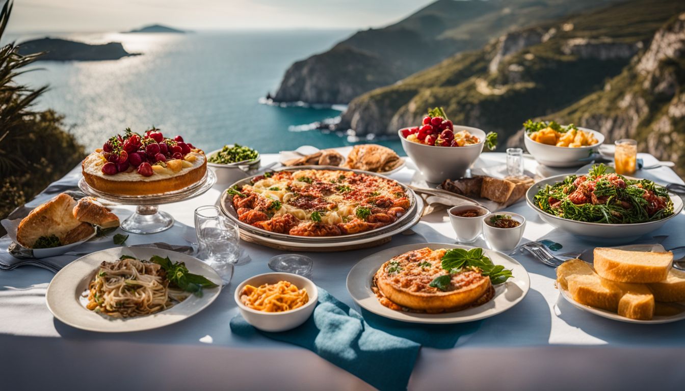 A table set with a variety of delicious Italian dishes against a beautiful coastal landscape.