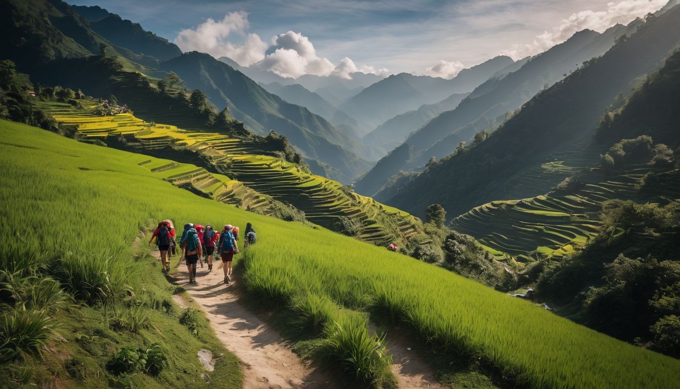 A group of hikers walking along a scenic trail in Sapa, showcasing diverse individuals in different outfits and hairstyles.