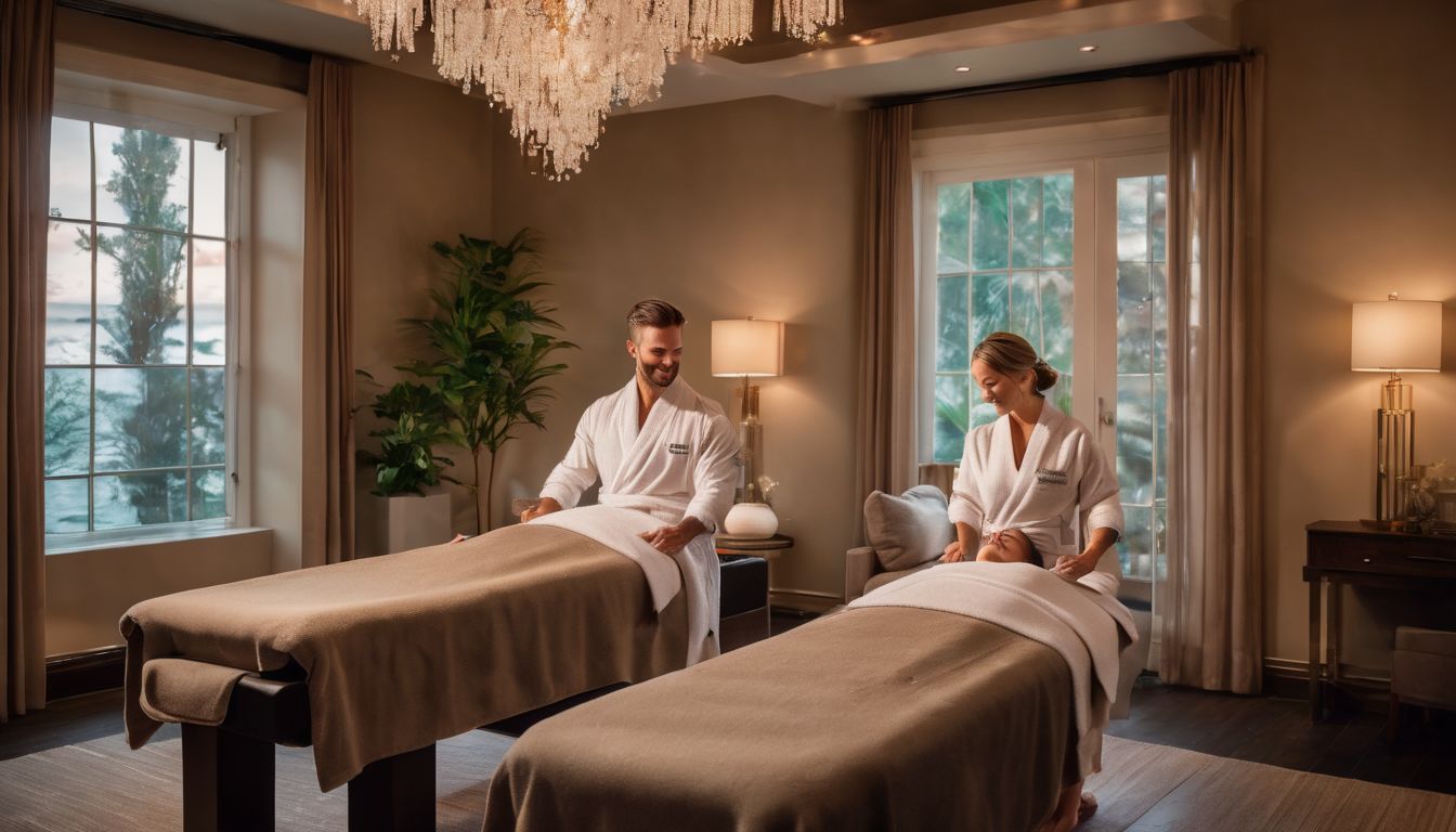 Couples enjoying relaxing massages in a beautifully decorated spa room.