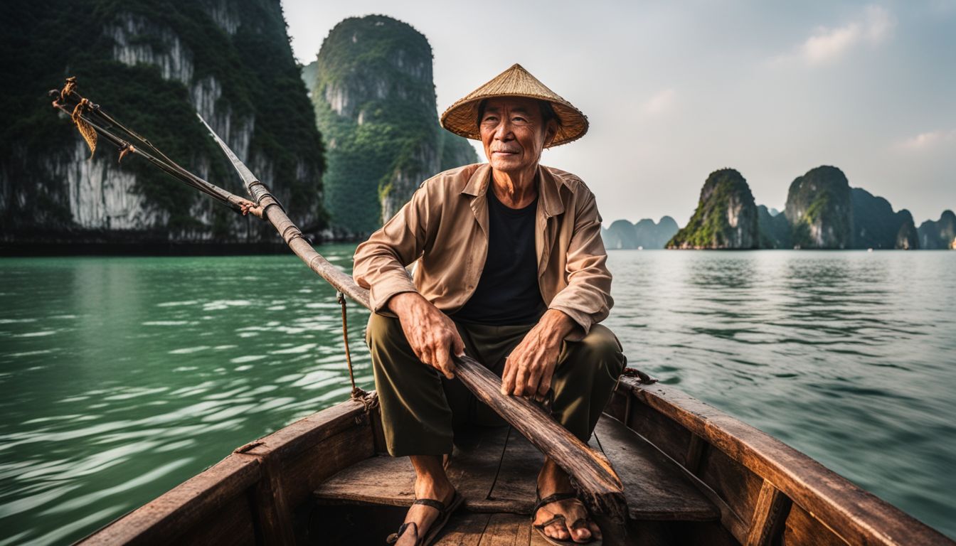 A photo of a traditional Vietnamese fisherman in Ha Long Bay with beautiful scenery and bustling atmosphere.