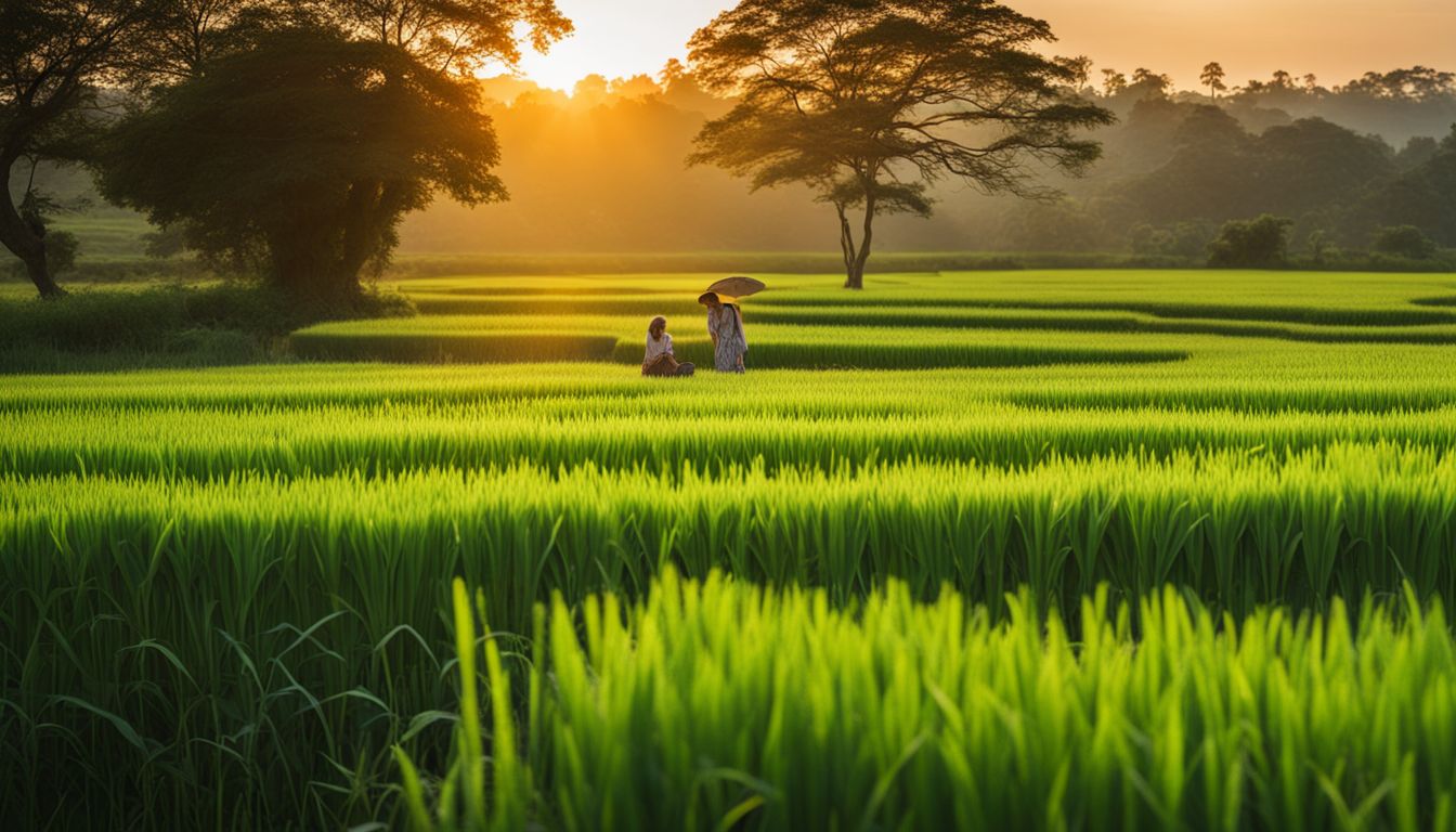 A photo of a vibrant sunset over a picturesque rice field with a diverse group of people enjoying the scenery.
