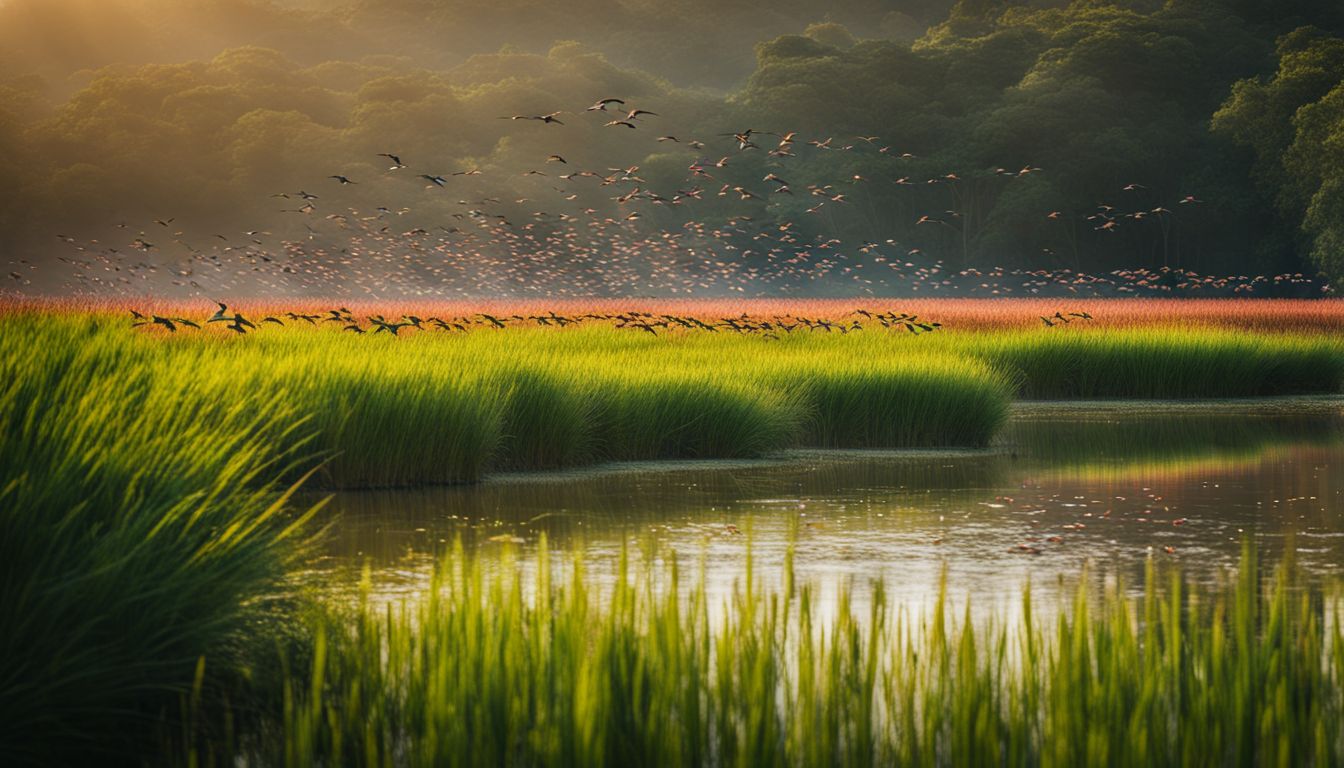 A vibrant flock of birds flies over lush Vietnamese wetlands in a bustling, picturesque atmosphere.