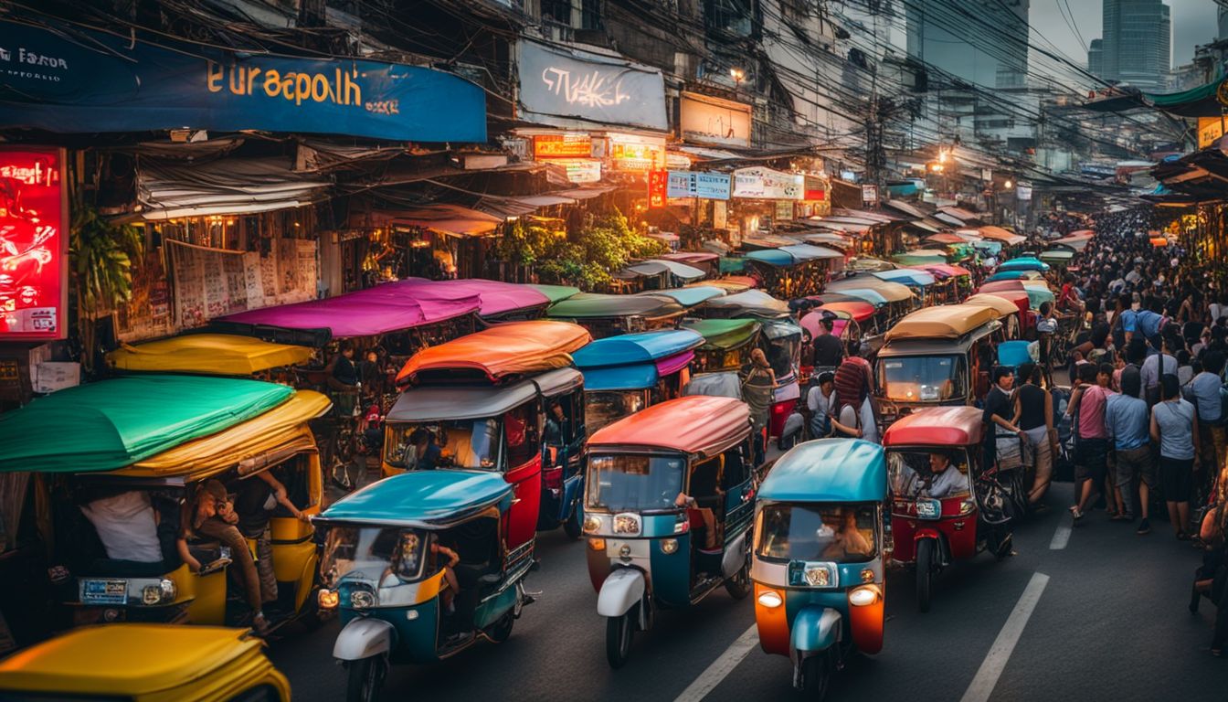 A vibrant street in Bangkok filled with colorful tuk-tuks and bustling traffic.
