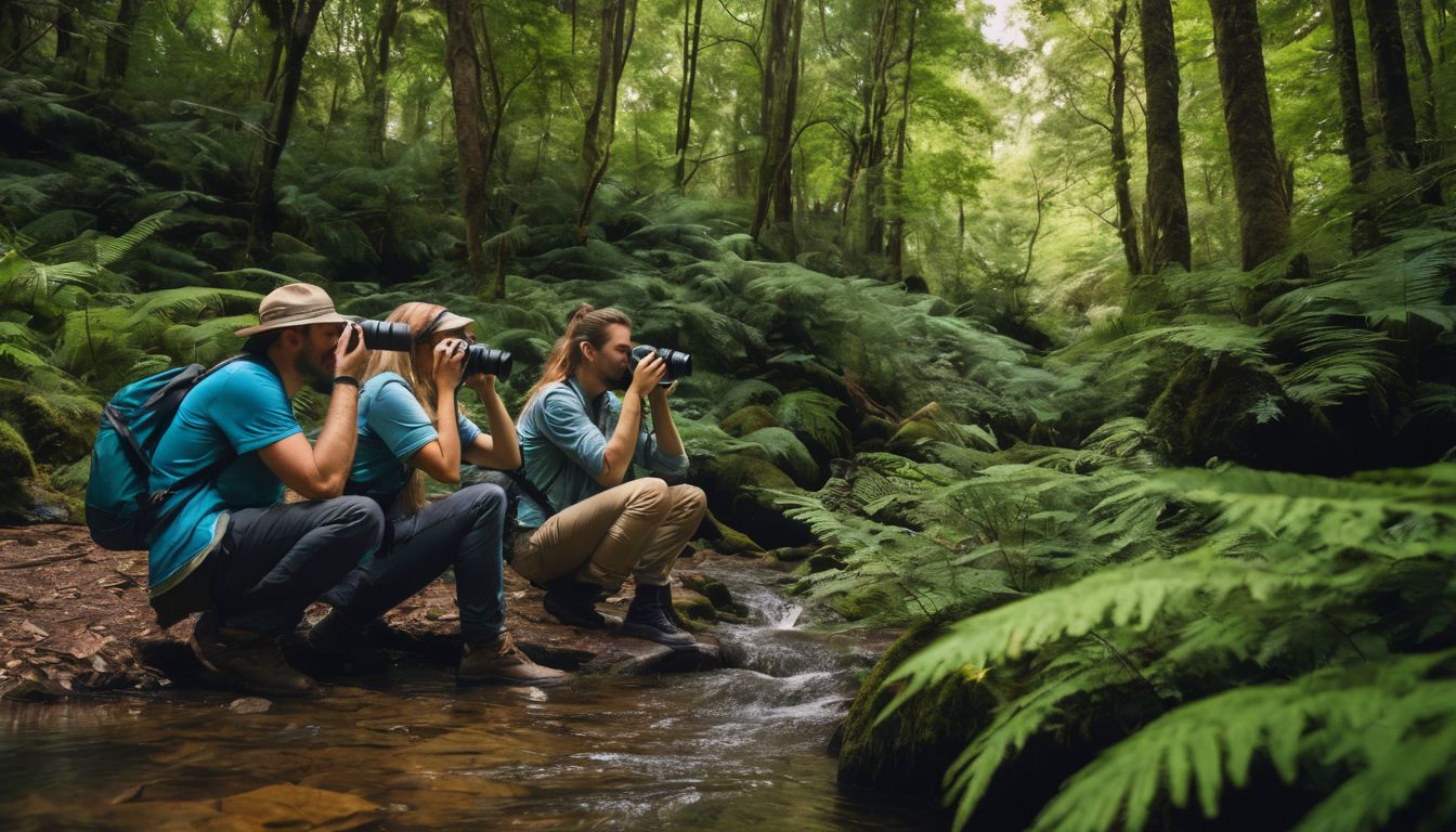 A diverse group of birdwatchers with binoculars and cameras explore a lush forest, capturing stunning wildlife photographs.