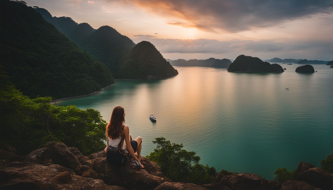 A person admiring the sunset over Bo Thong Lang Bay in a bustling atmosphere.