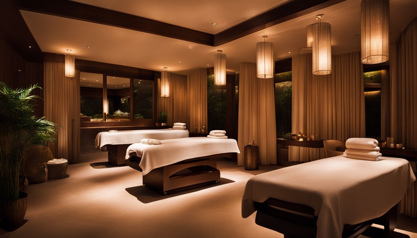 A photo of a serene spa room with massage beds, featuring diverse individuals in different outfits.