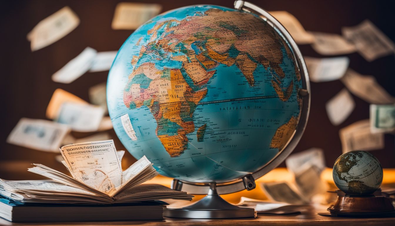 A photo of a globe surrounded by plane tickets, with a world map in the background, showcasing diverse travel photography subjects.