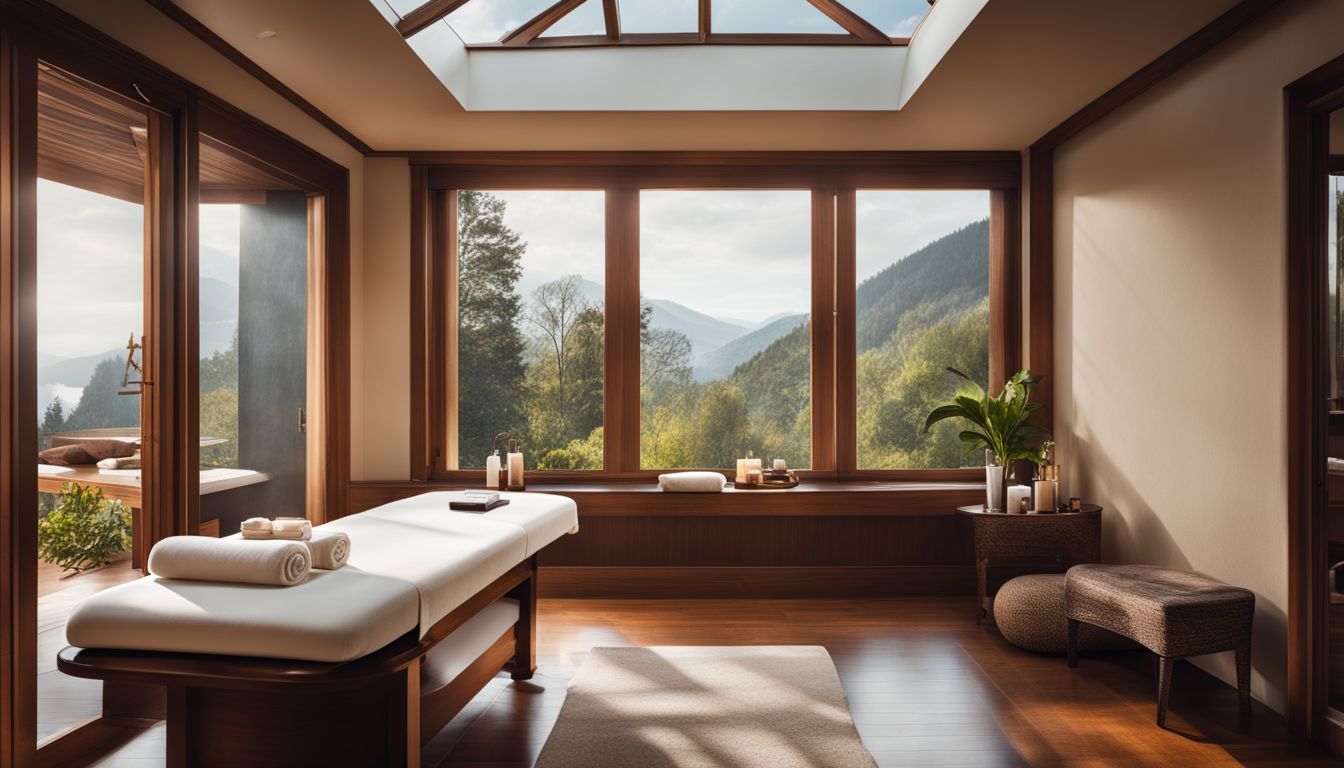 A spa room with a massage table and a tranquil outdoor view, featuring people with various appearances and outfits.