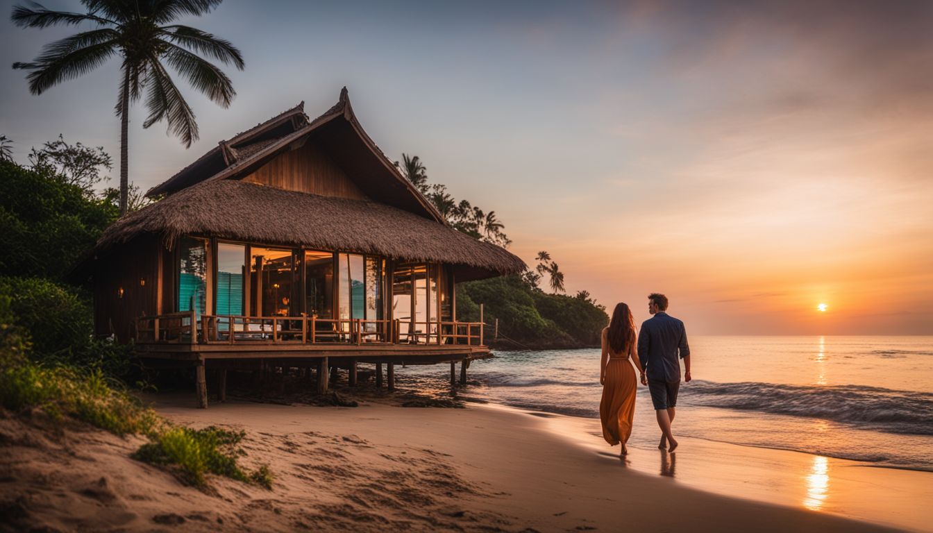 A picturesque sunset scene at Boons Bungalow Ban Krut beach with individuals walking along the shore.