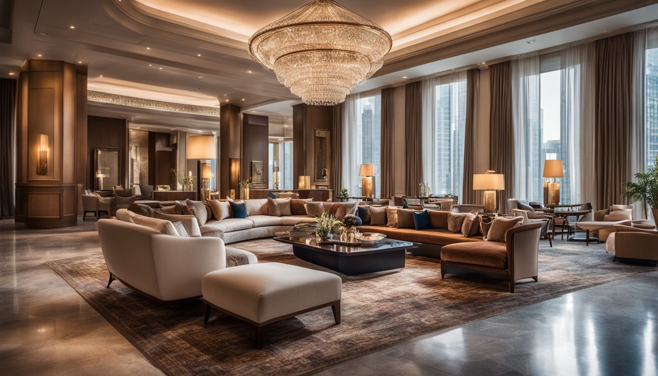 A luxurious hotel lobby with elegant furnishings and a cozy fireplace, filled with diverse people, and captured with high-resolution photography.