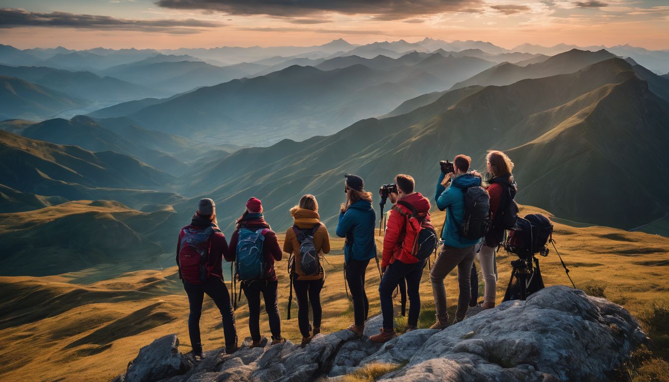 A diverse group of travelers captures the breathtaking mountaintop landscape with their cameras.