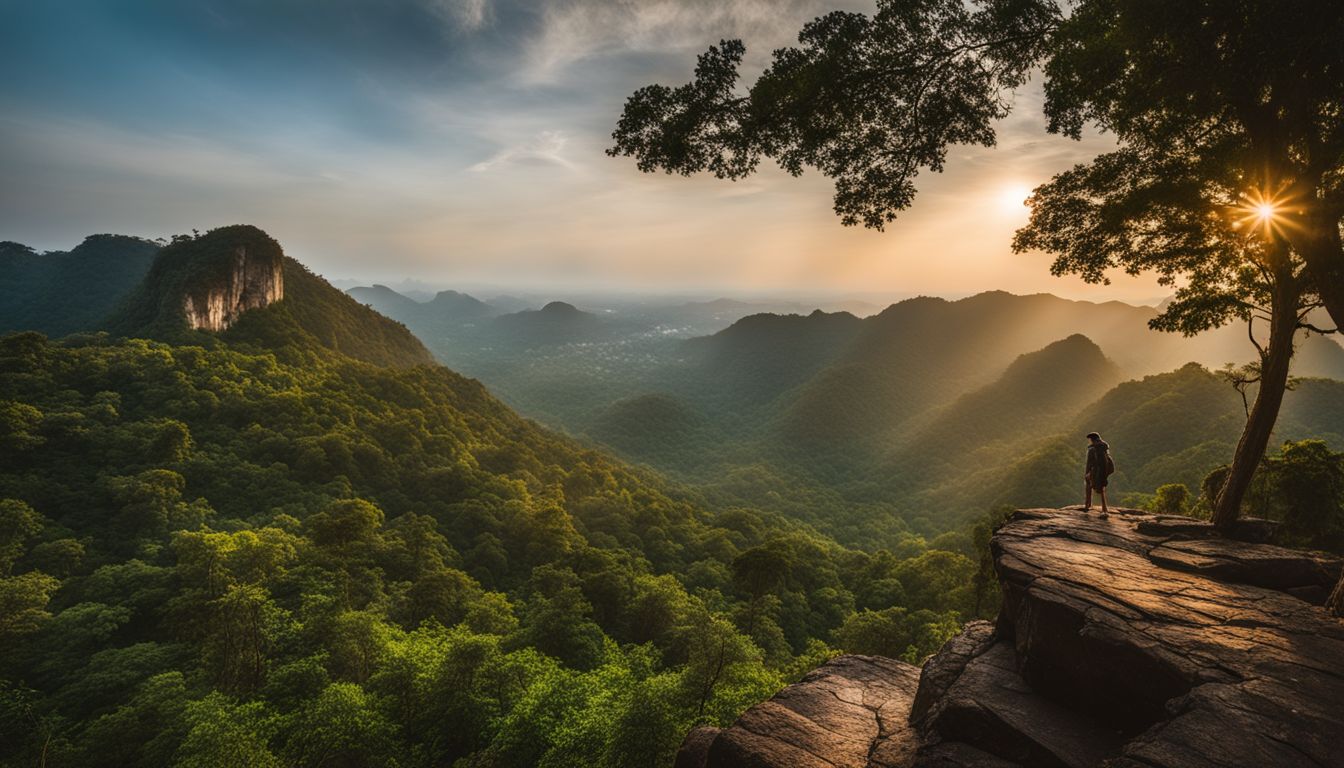 A hiker stands on a viewpoint overlooking the lush greenery of Khao Phra Thaeo National Park.