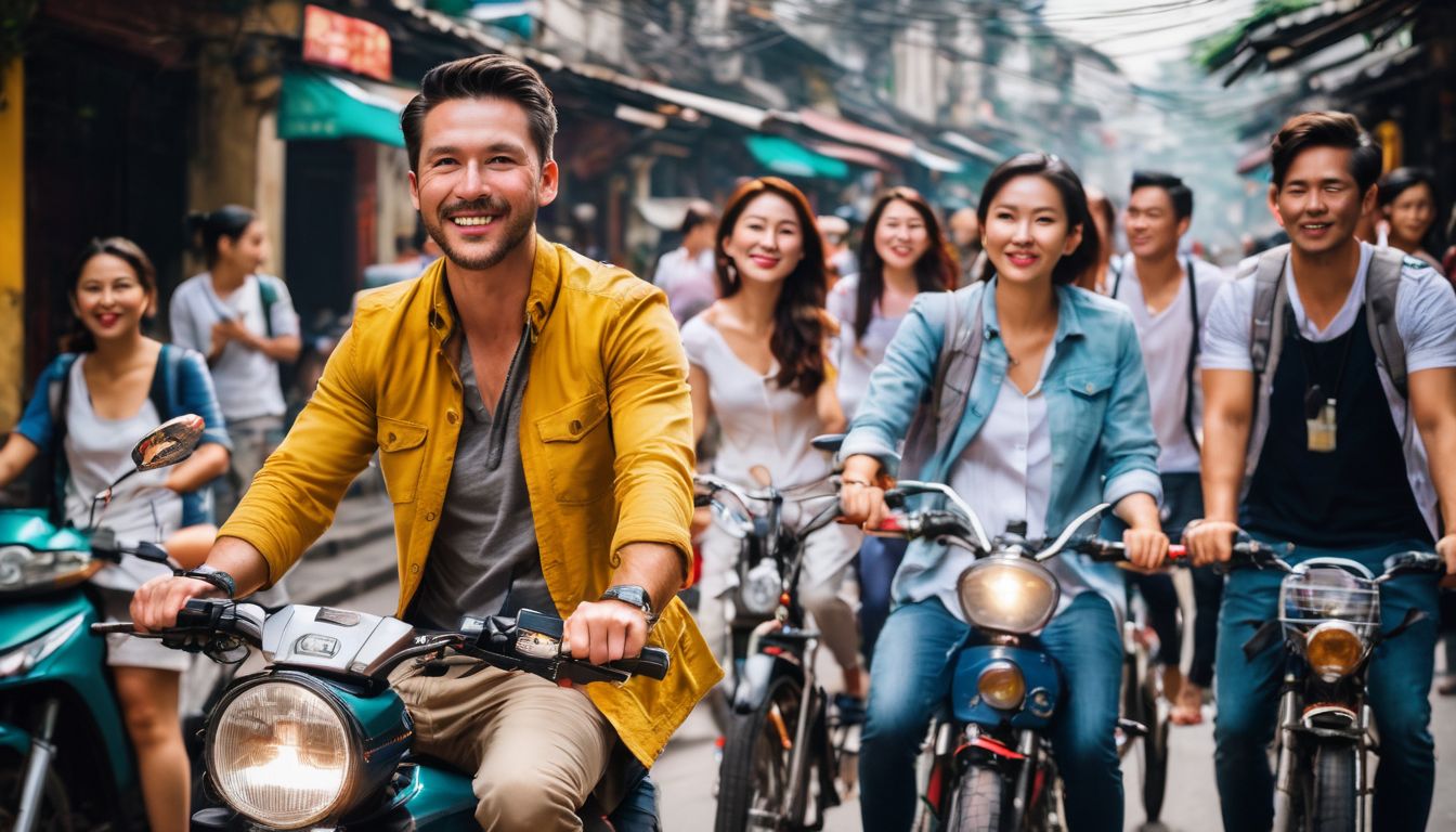 A diverse group of travelers exploring the vibrant streets of Hanoi in a bustling atmosphere.