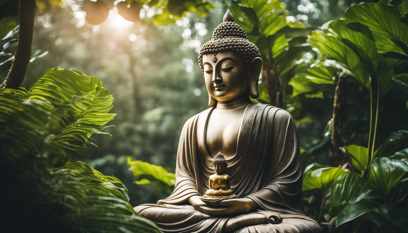 A Buddha statue in a serene natural setting surrounded by diverse individuals in various styles of attire.