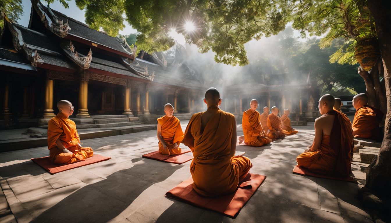 A group of Thai monks performing a traditional ritual in a serene temple garden.