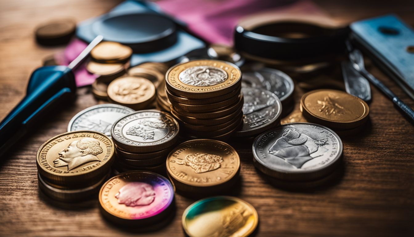 A stack of coins surrounded by budgeting tools in a vibrant setting.