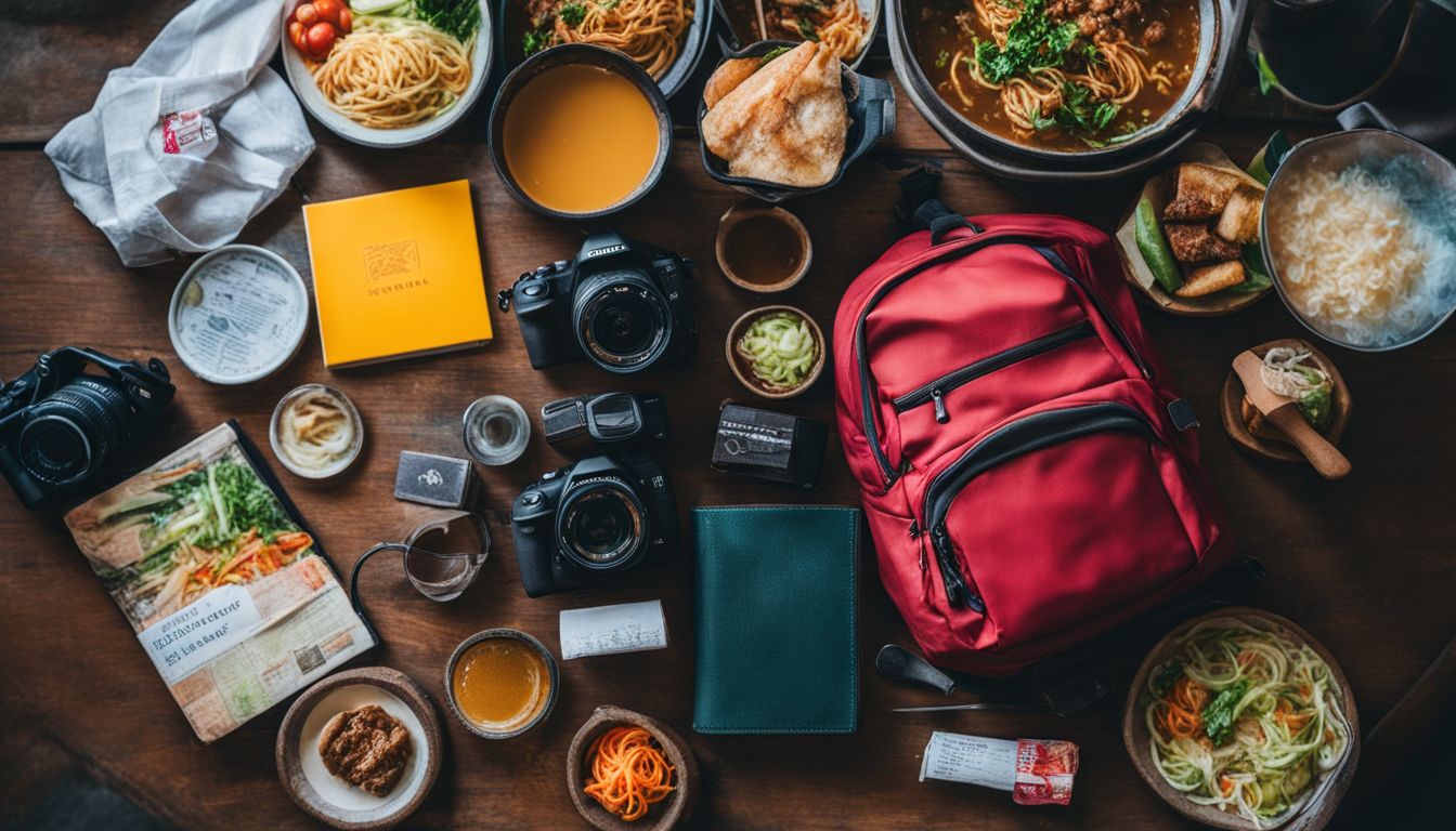 A stack of travel essentials surrounded by vibrant Vietnamese street food showcases the excitement and adventure of travel.