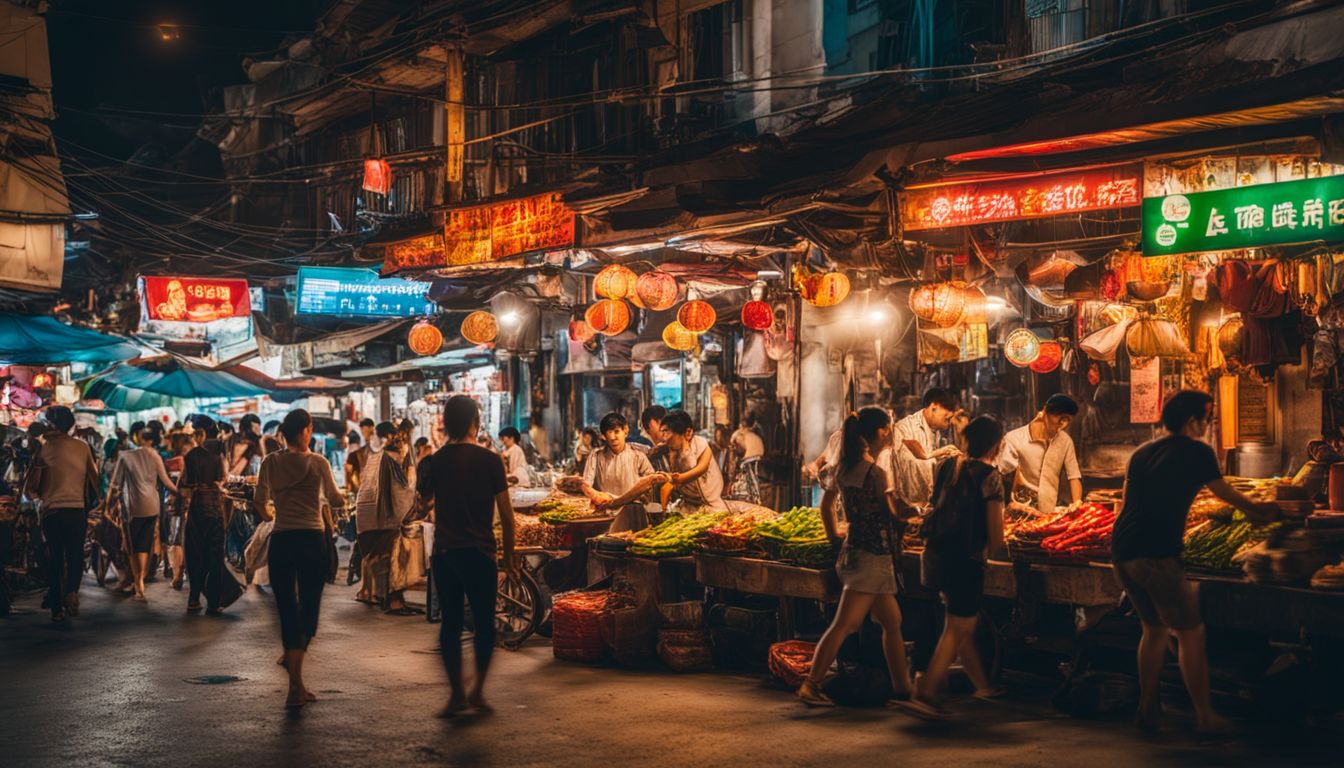 A vibrant street scene with colorful signage, street food stalls, and a mix of locals and tourists on Bui Vien Street.