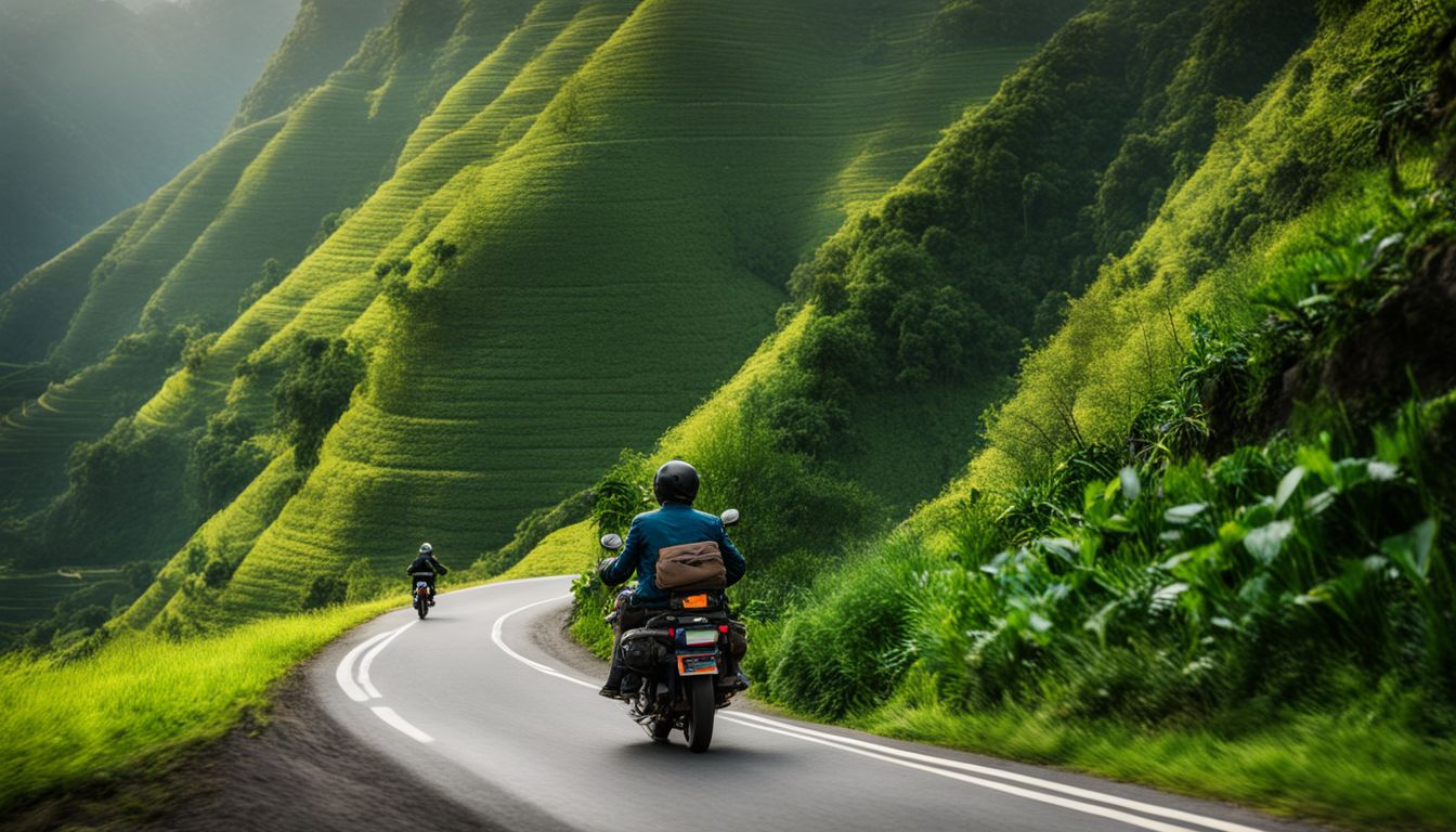 A motorcyclist rides through the lush green mountains of Vietnam on a winding road.
