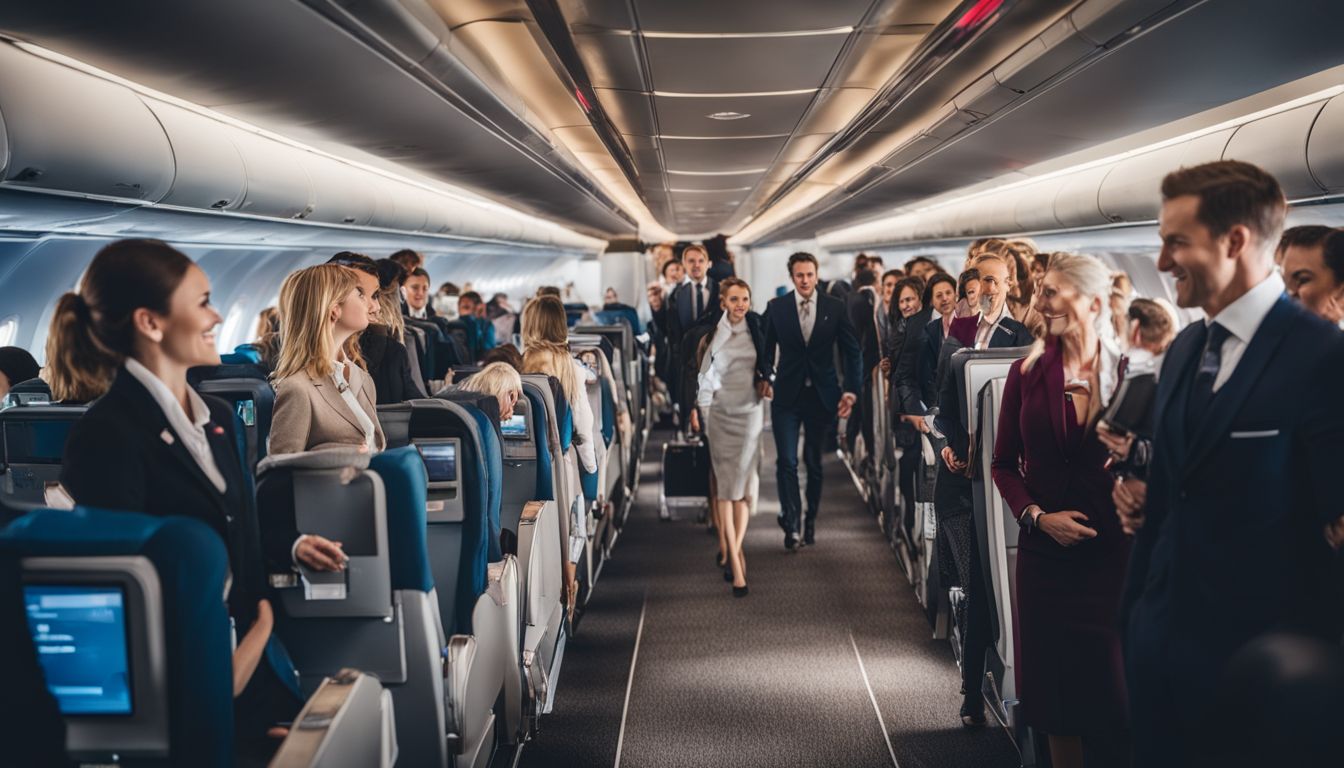 Passengers board a plane as flight attendants welcome them, capturing the bustling atmosphere in highly detailed and realistic photography.