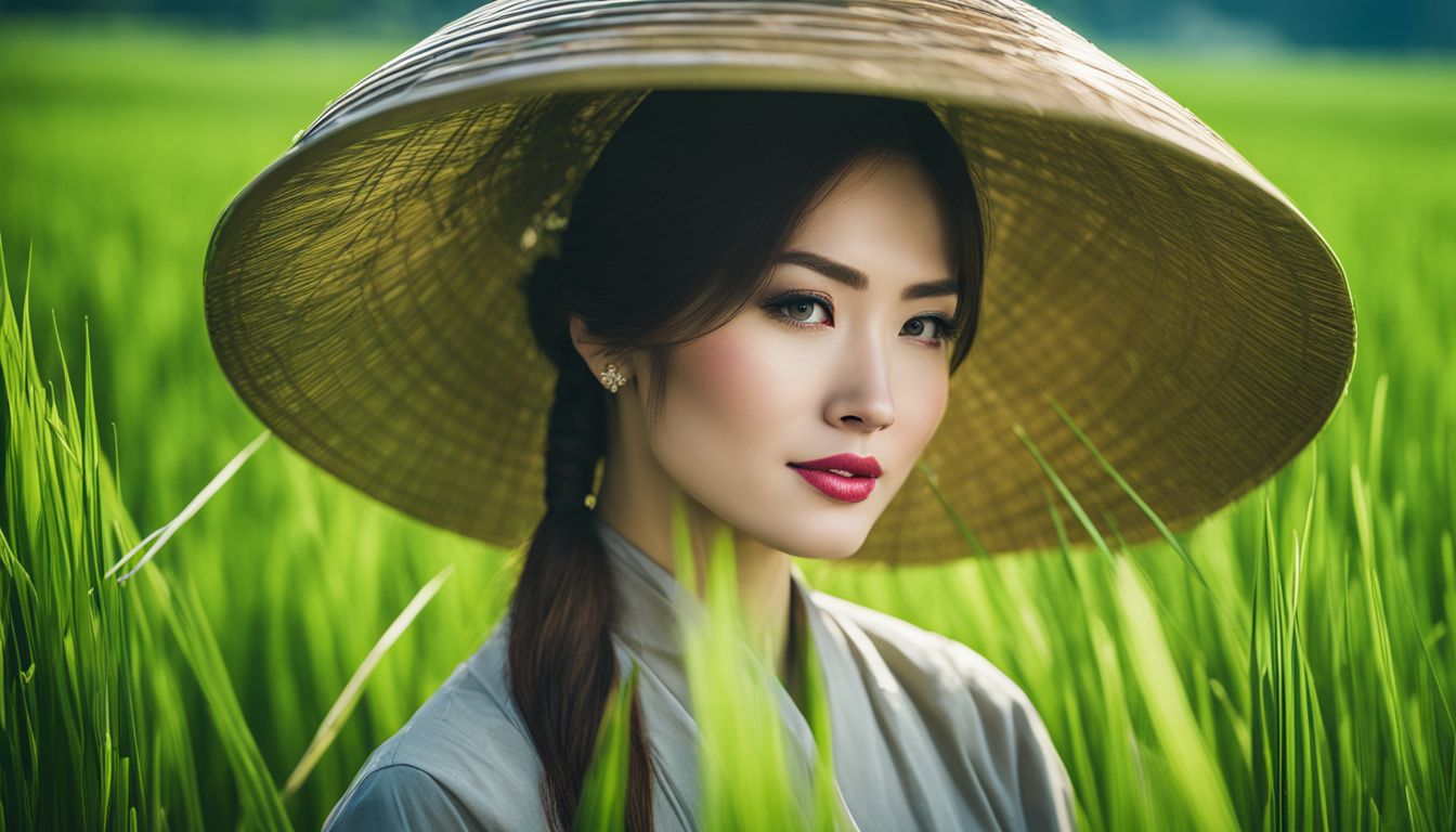 A photograph of a traditional Vietnamese woman in a rice paddy field wearing a conical hat.