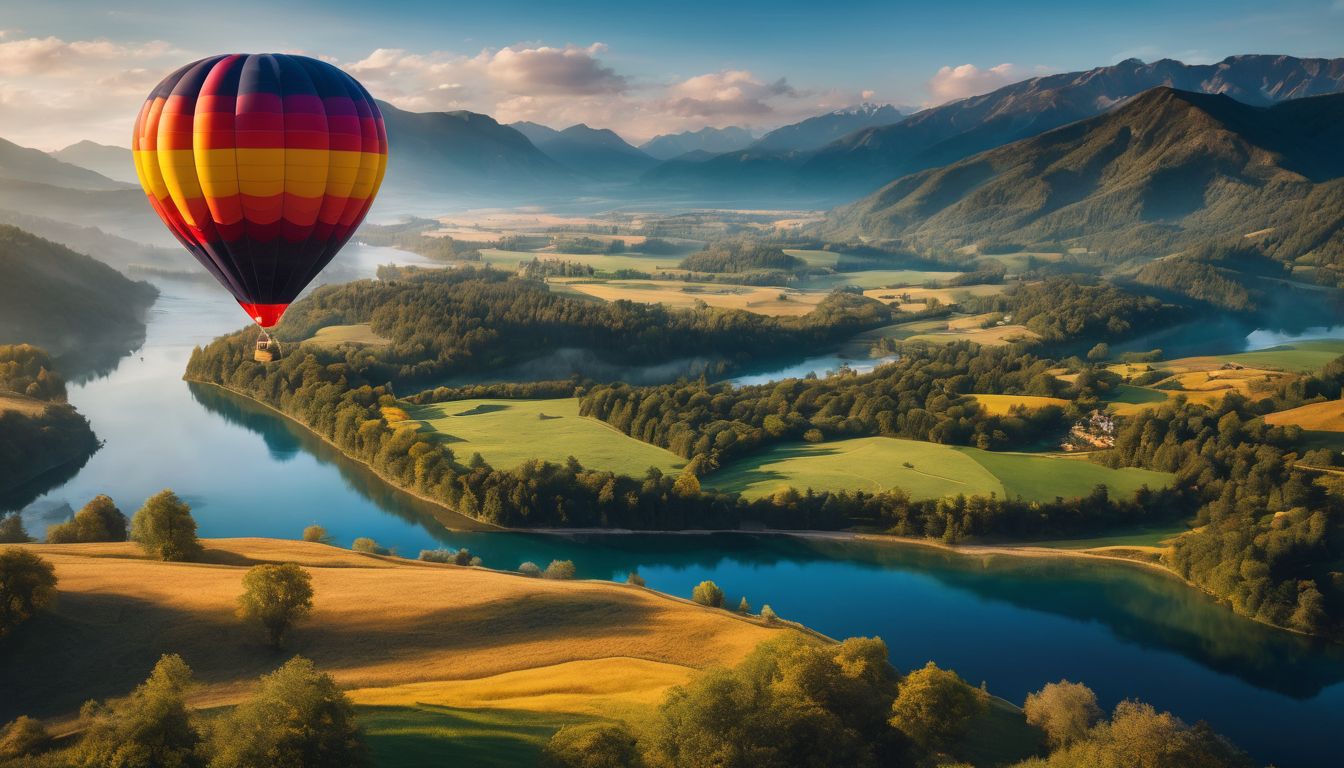 A vibrant hot air balloon floats over a picturesque landscape, capturing the beauty of nature and human creativity.