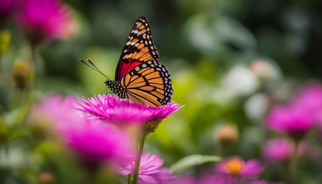 A stunning photo of a butterfly resting on a flower in a vibrant garden.
