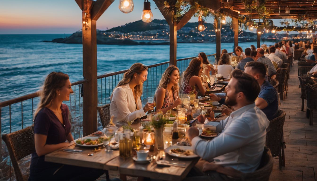 A vibrant outdoor restaurant with a view of the ocean and a bustling atmosphere.