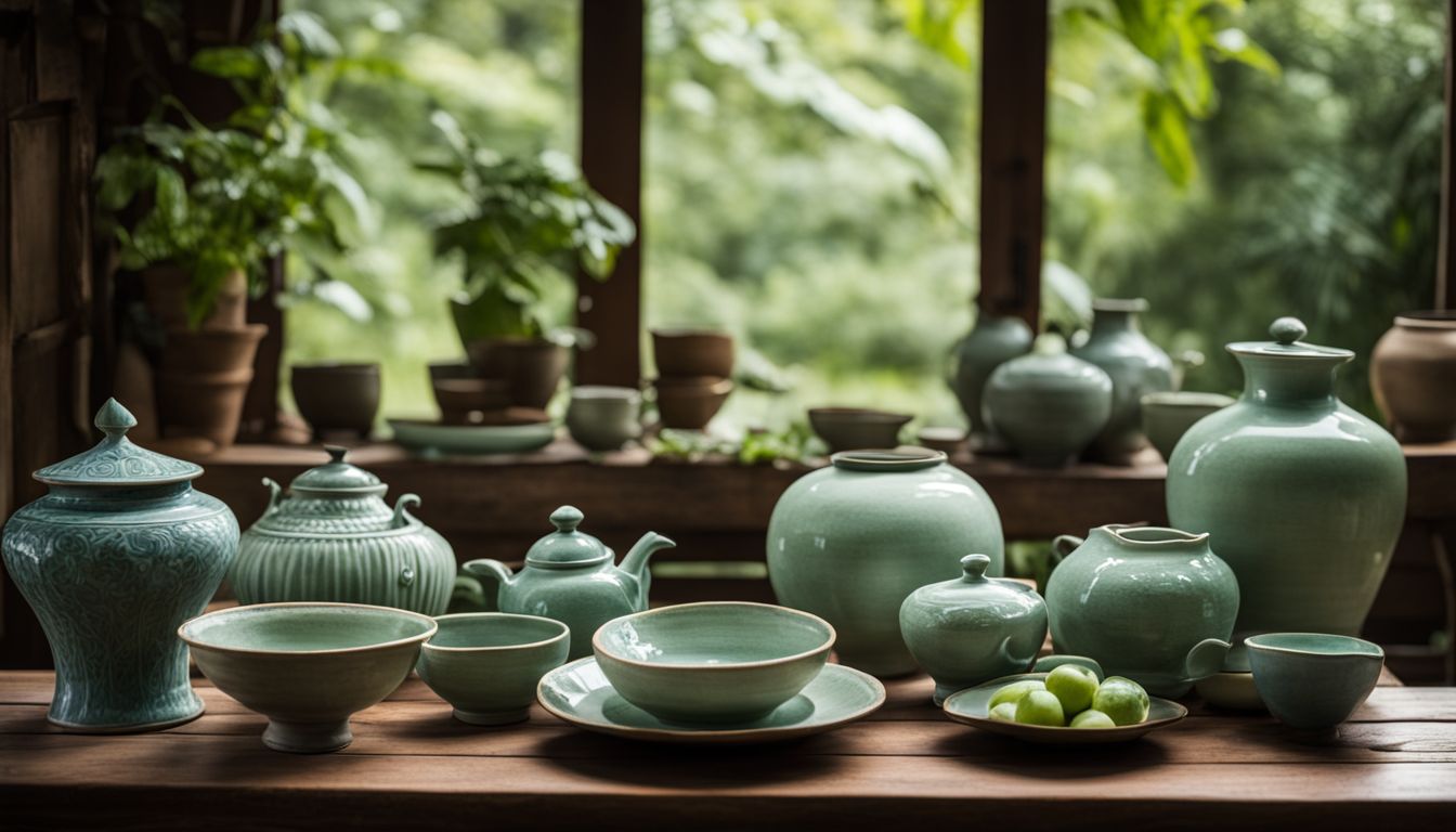 A collection of delicate celadon pottery displayed in a peaceful garden setting.