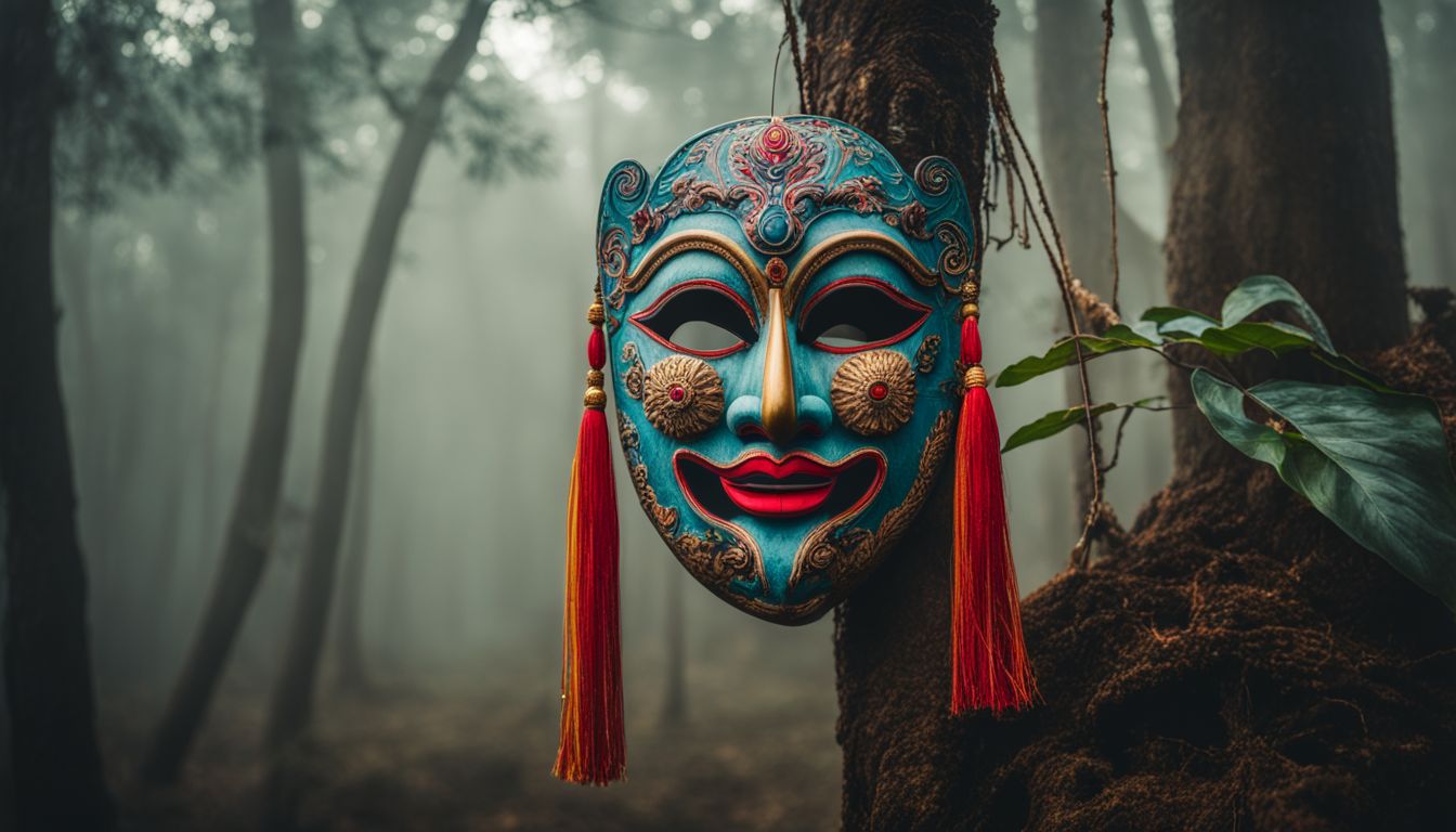 A colorful traditional Thai ghost mask hanging on a tree branch with a misty forest background.