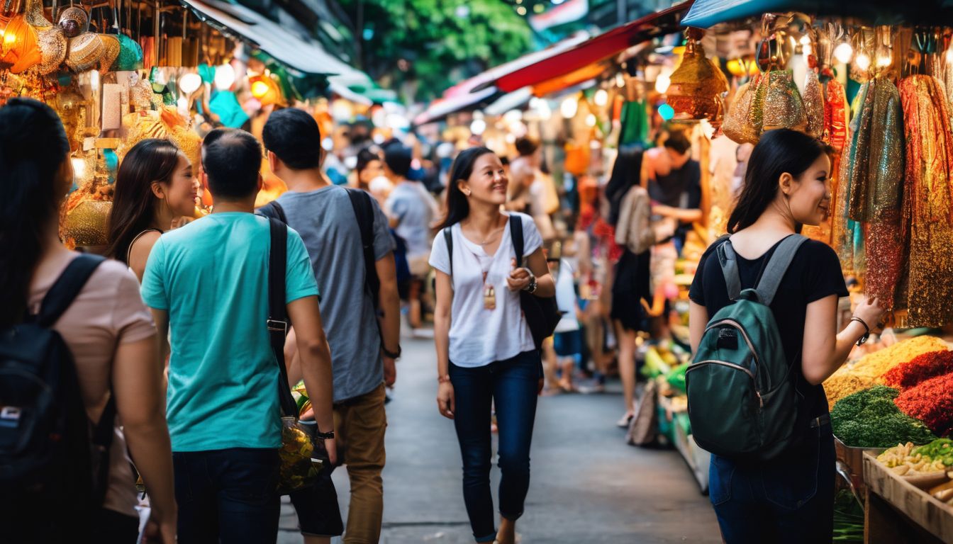 A diverse group of tourists explore the vibrant stalls of Chatuchak Market in Bangkok.
