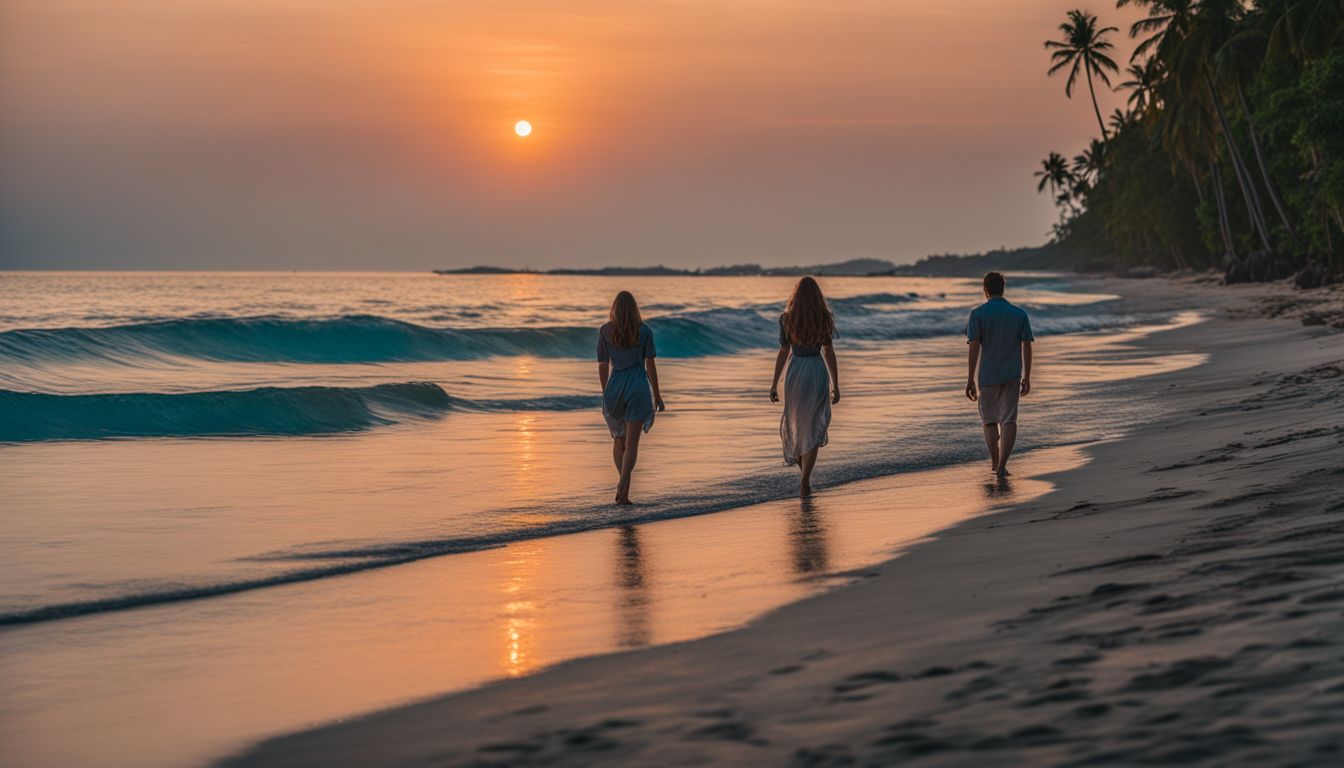 A couple walks along the stunning shores of Chaweng Beach, capturing the beauty of the palm trees and clear blue waters at sunset.