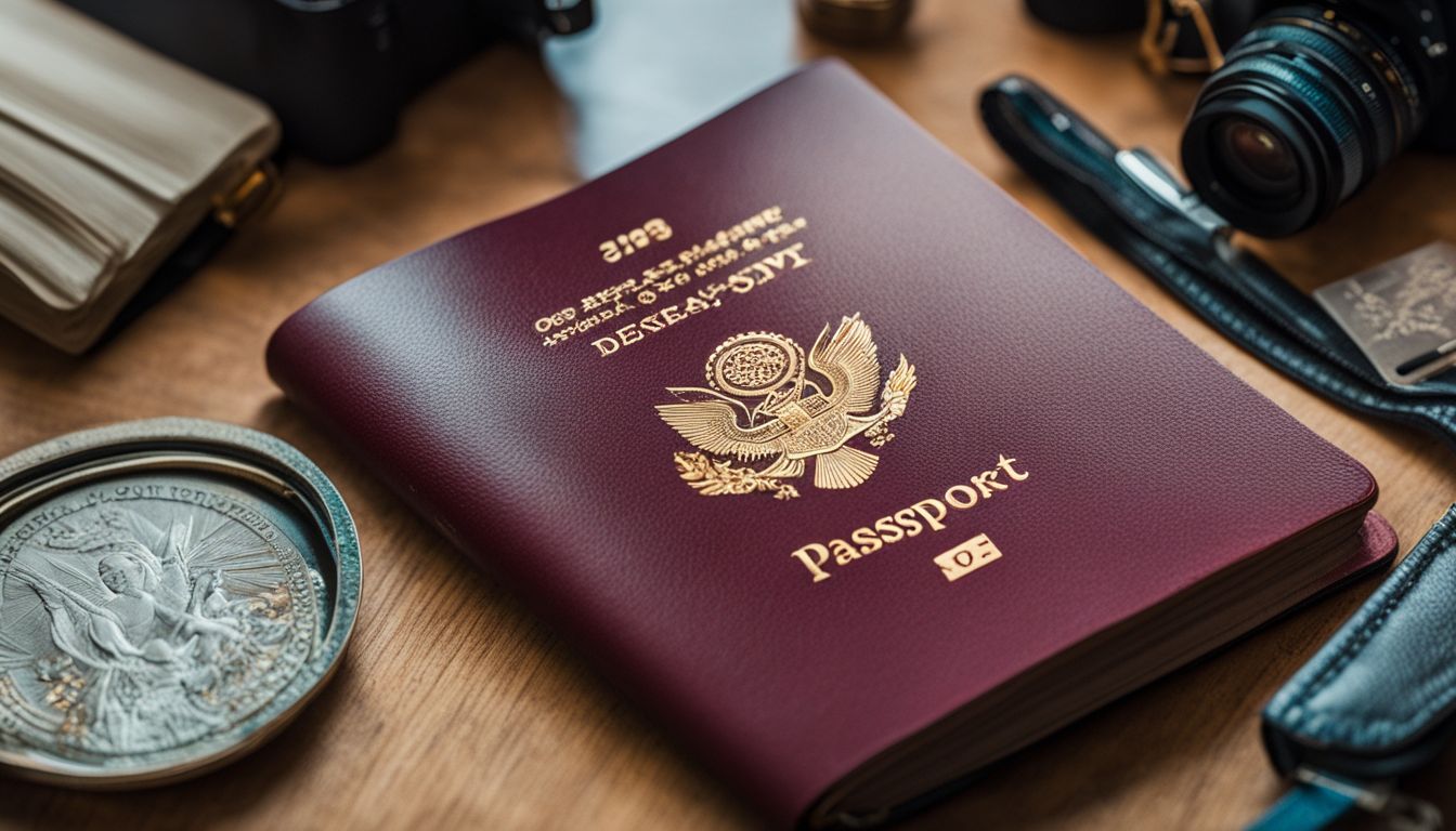 An open passport surrounded by travel essentials and different individuals ready for adventure.