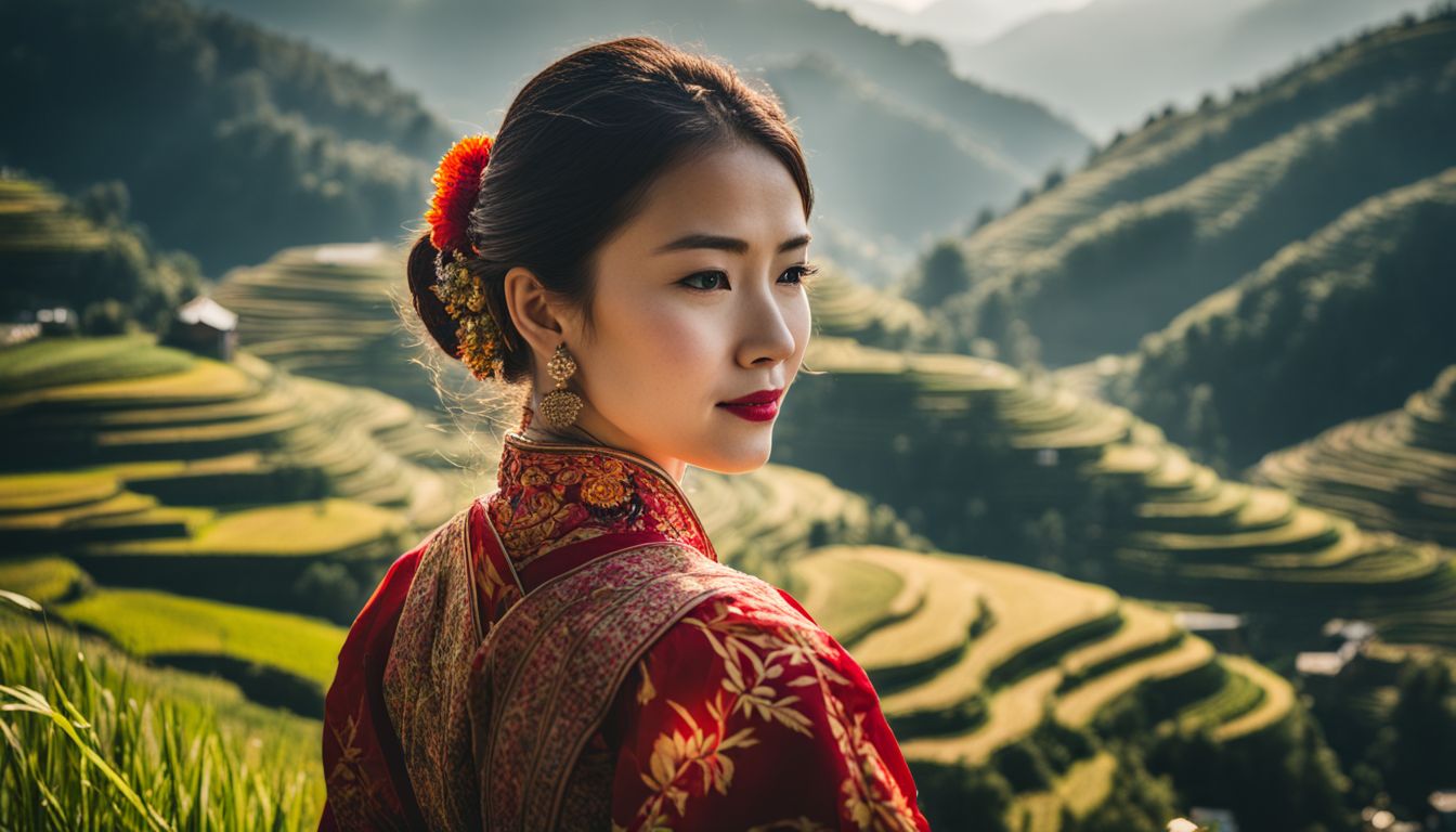 The photo captures a girl in traditional Vietnamese dress surrounded by stunning rice terraces in Sapa.