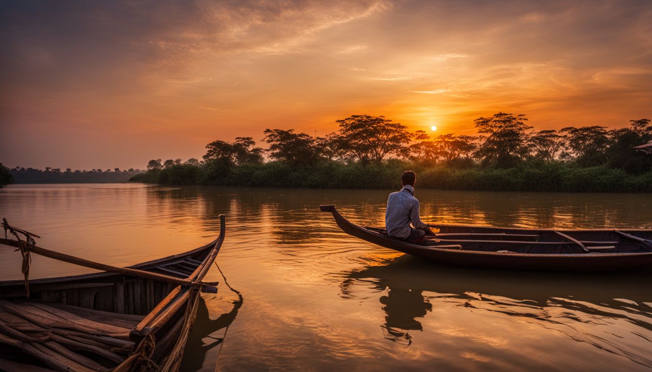 A serene sunset over the Mekong River with a traditional wood boat sailing peacefully.