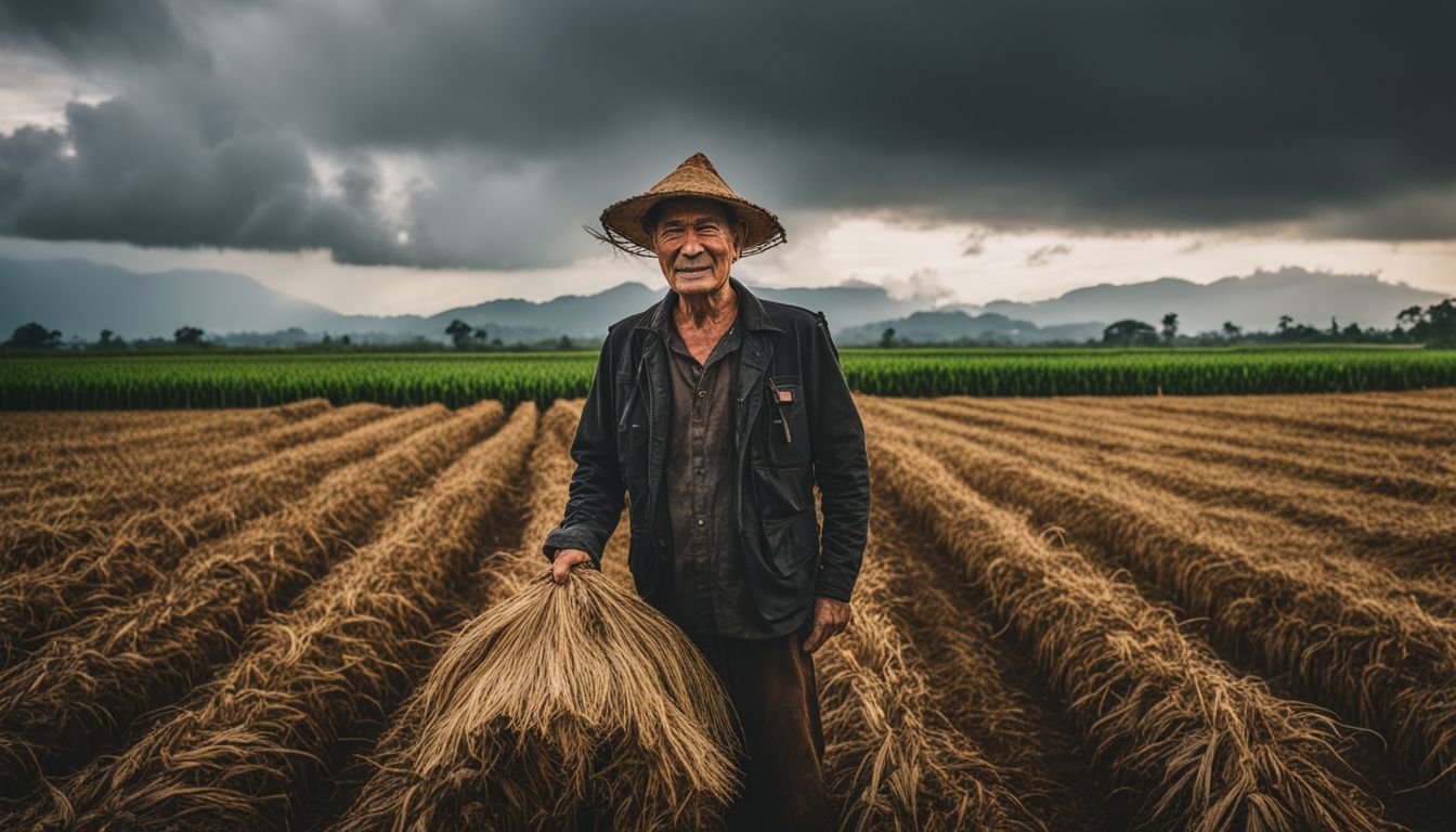 A farmer in Chiang Rai tends to his fields with rain clouds overhead, captured in vivid detail.