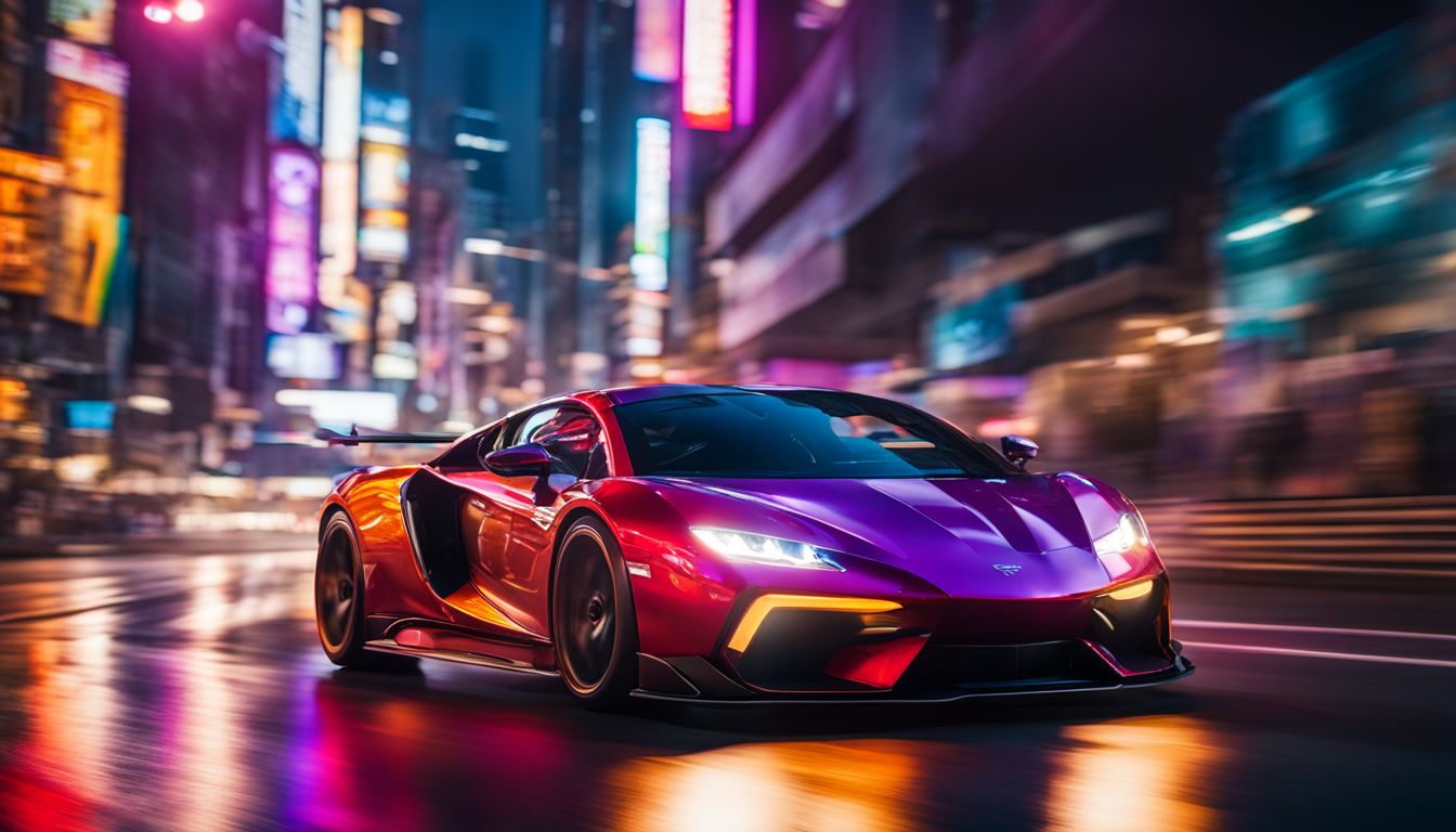 A sports car races through a vibrant city at night.