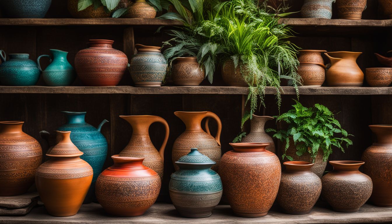 A display of vibrant Thai pottery arranged on a rustic wooden shelf surrounded by lush green plants.