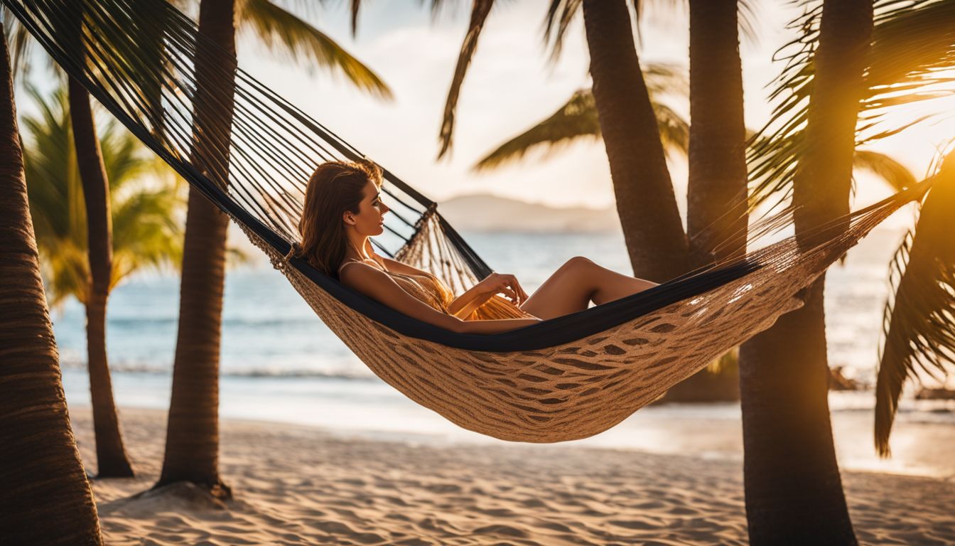 A woman enjoys a peaceful moment in a hammock on a tropical beach surrounded by palm trees.