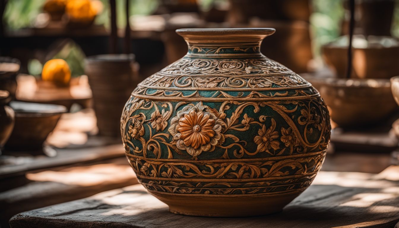 A photo of Thai pottery with intricate floral motifs and daily life depictions captured in stunning detail.